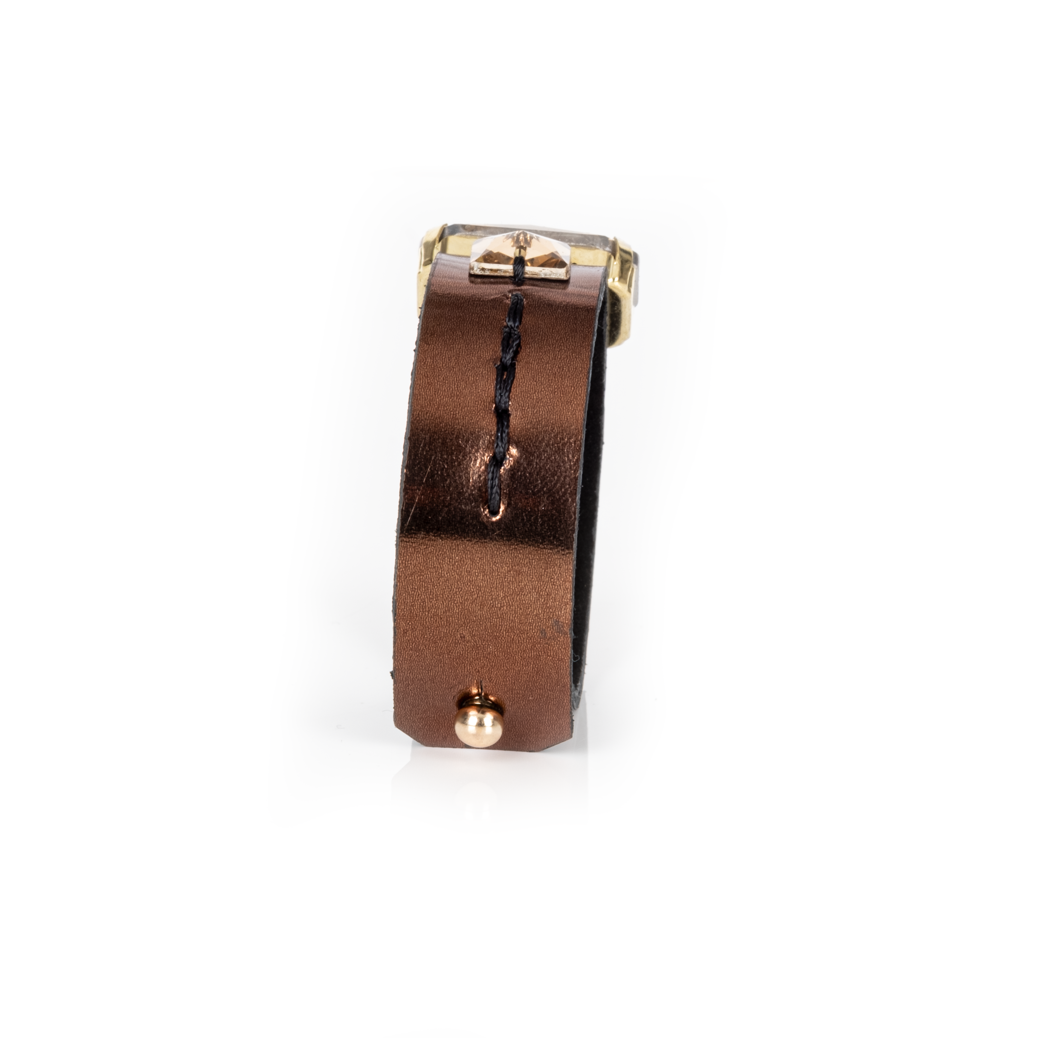 Gold leather cuff bracelet with large amber crystal centerpiece and square crystal accent, handmade statement bracelet by THE DARK