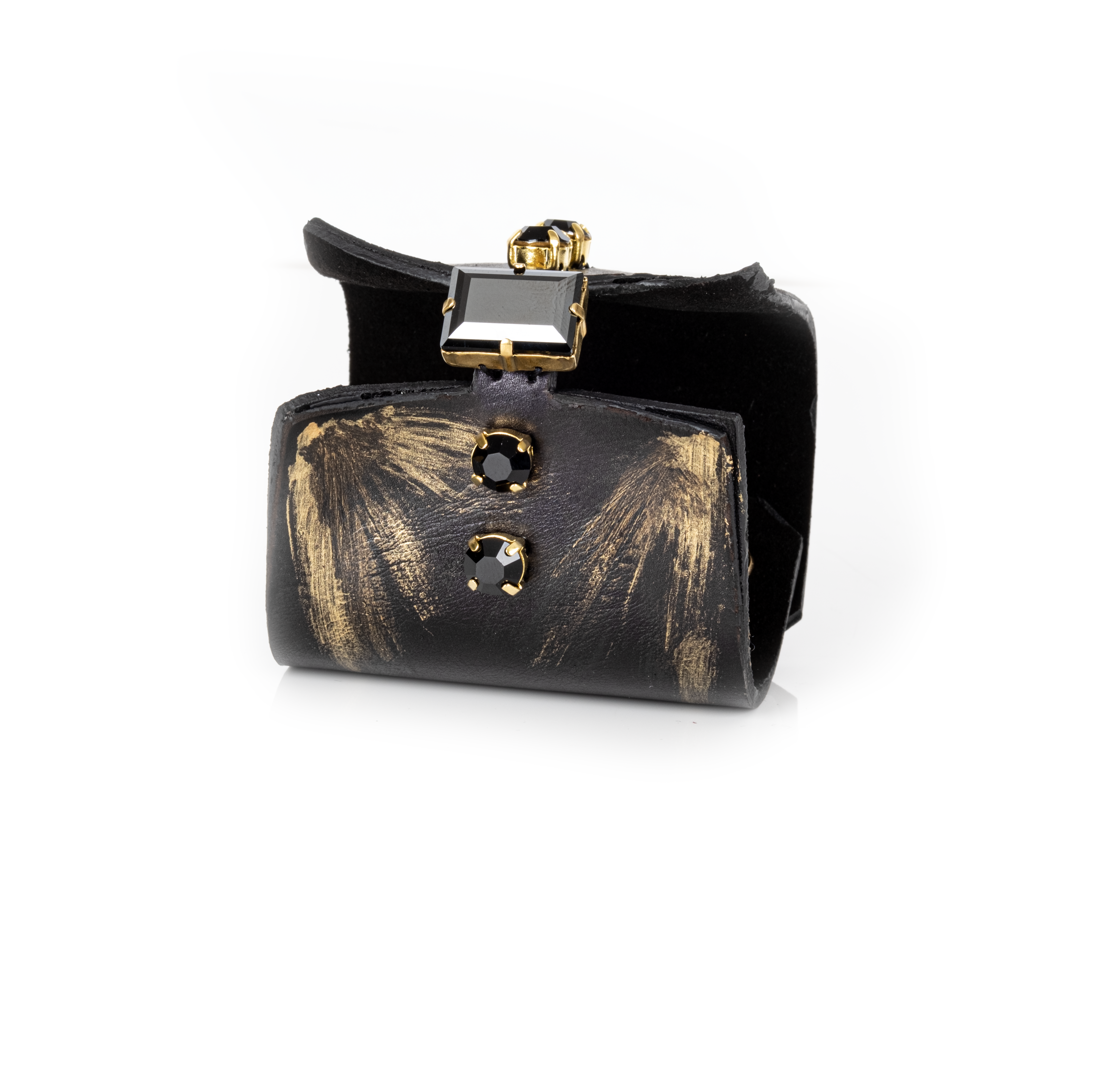 Black leather cuff bracelet with gold brushstroke accents and black crystals, handmade statement bracelet by THE DARK