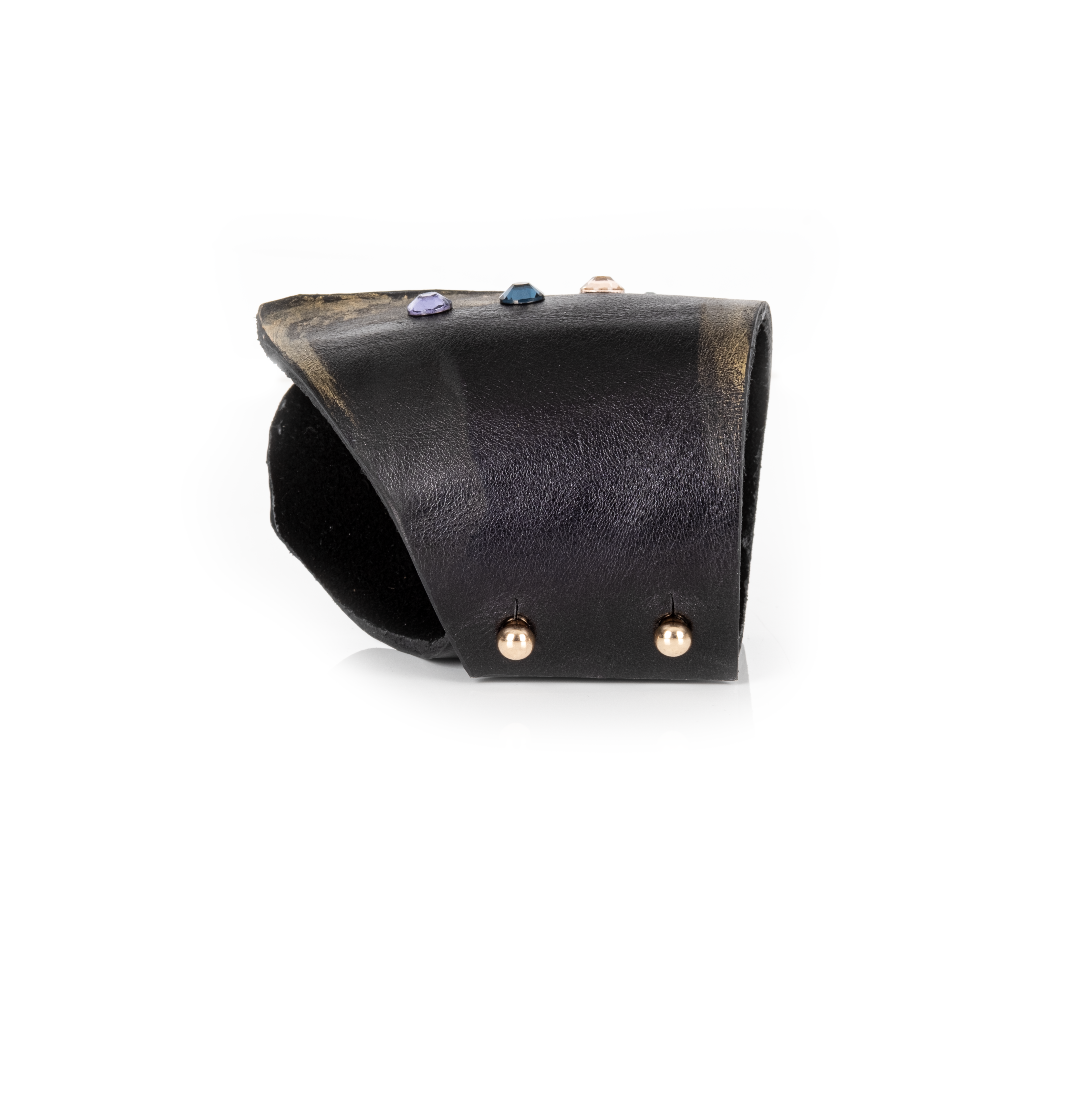 Black leather cuff bracelet with purple prism crystal and multicolor stone accents, handmade statement bracelet by THE DARK