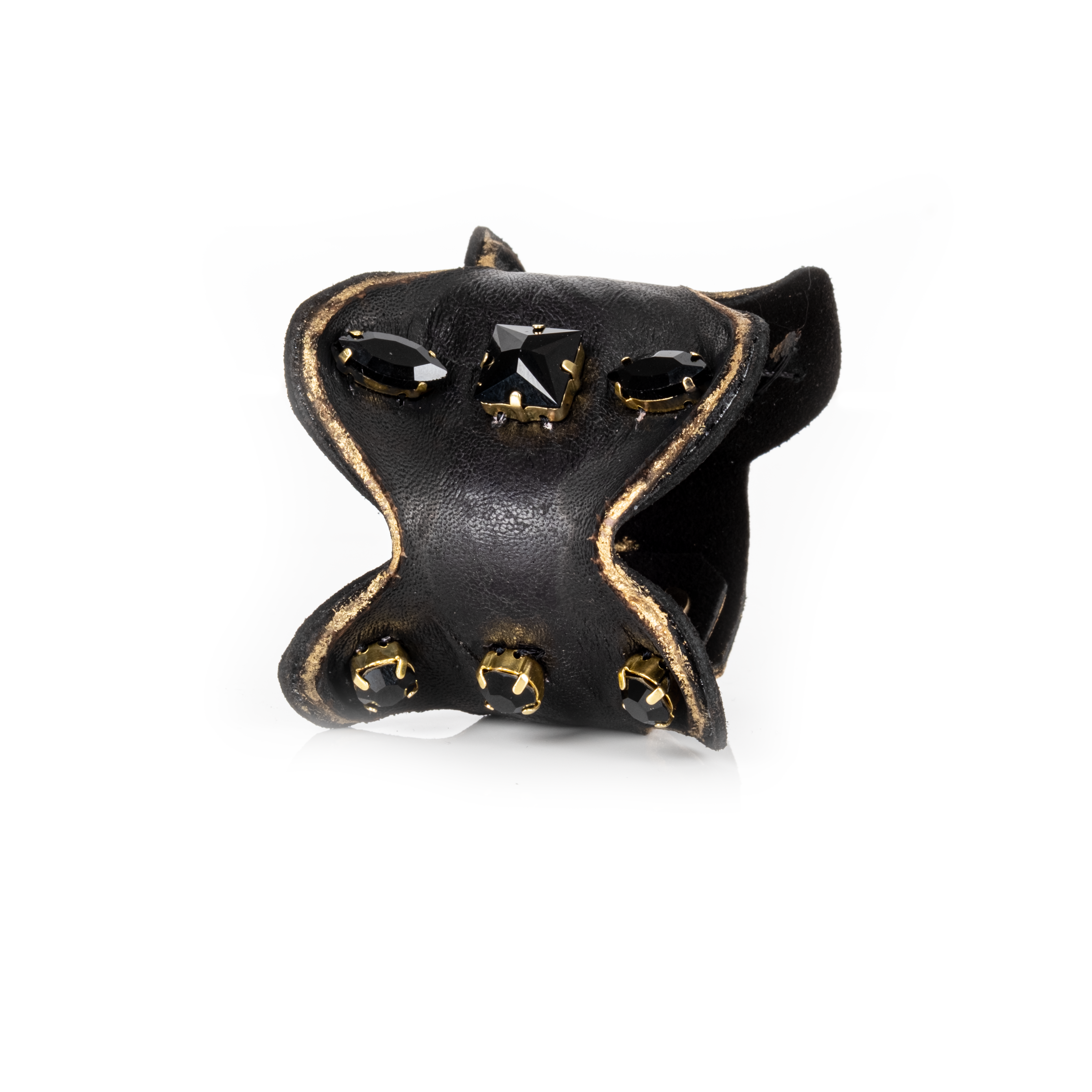 Black sculpted leather cuff bracelet with black faceted crystals and gold mounts, handmade statement bracelet by THE DARK