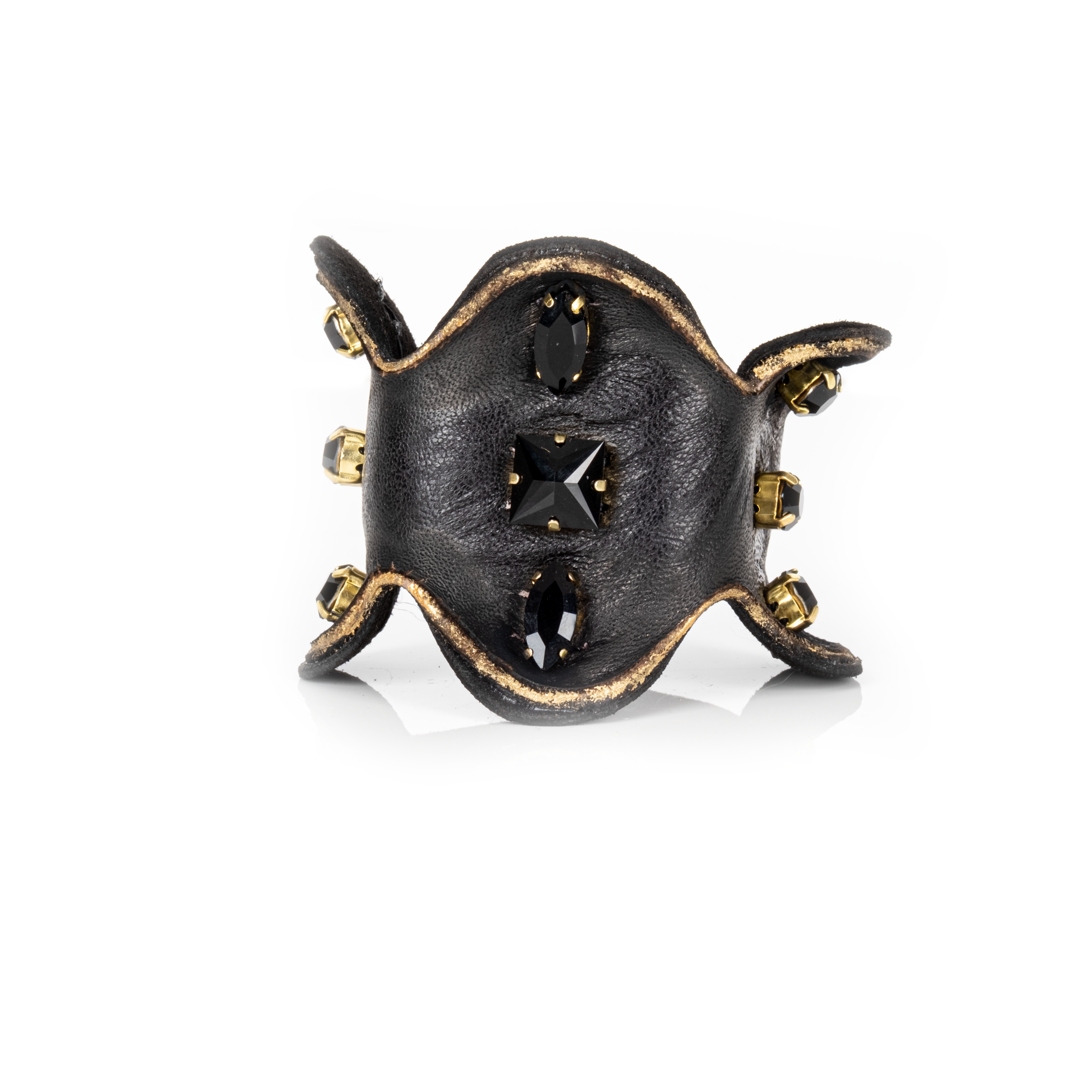 Black sculpted leather cuff bracelet with black faceted crystals and gold mounts, handmade statement bracelet by THE DARK