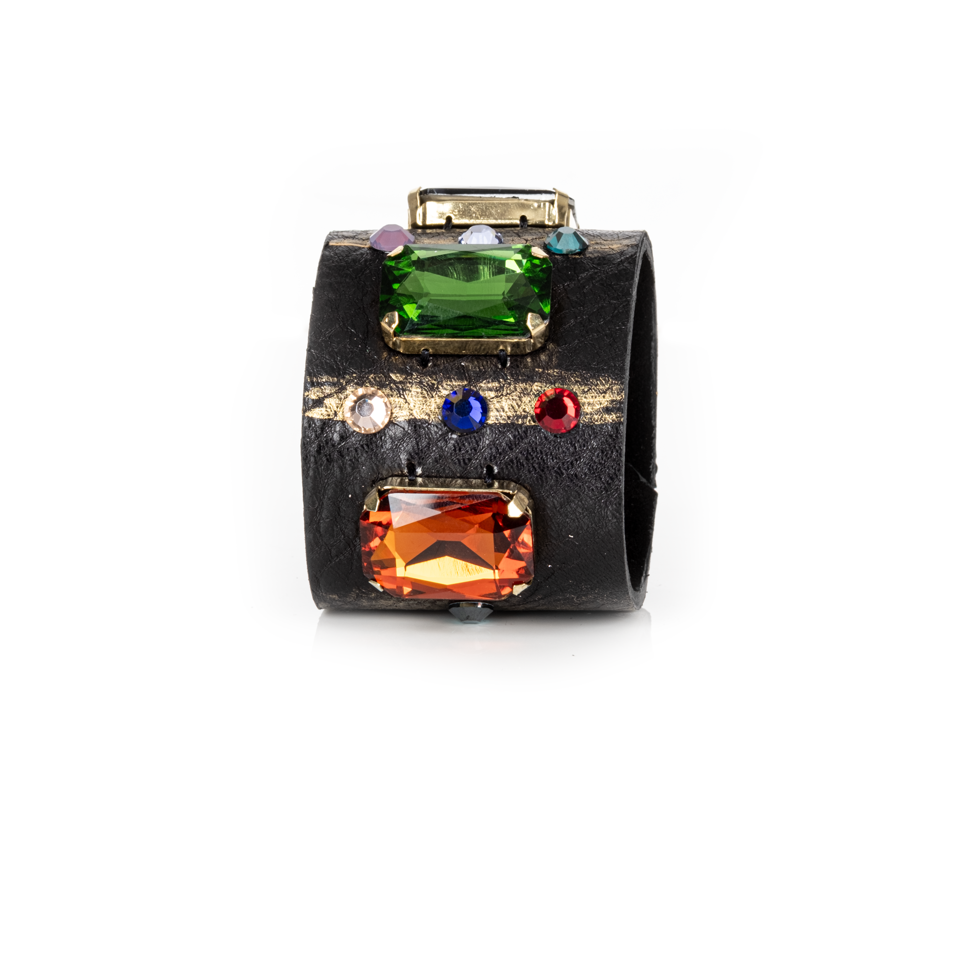 Black leather cuff bracelet with emerald green and amber crystals and multicolor stone accents, handmade statement bracelet by THE DARK