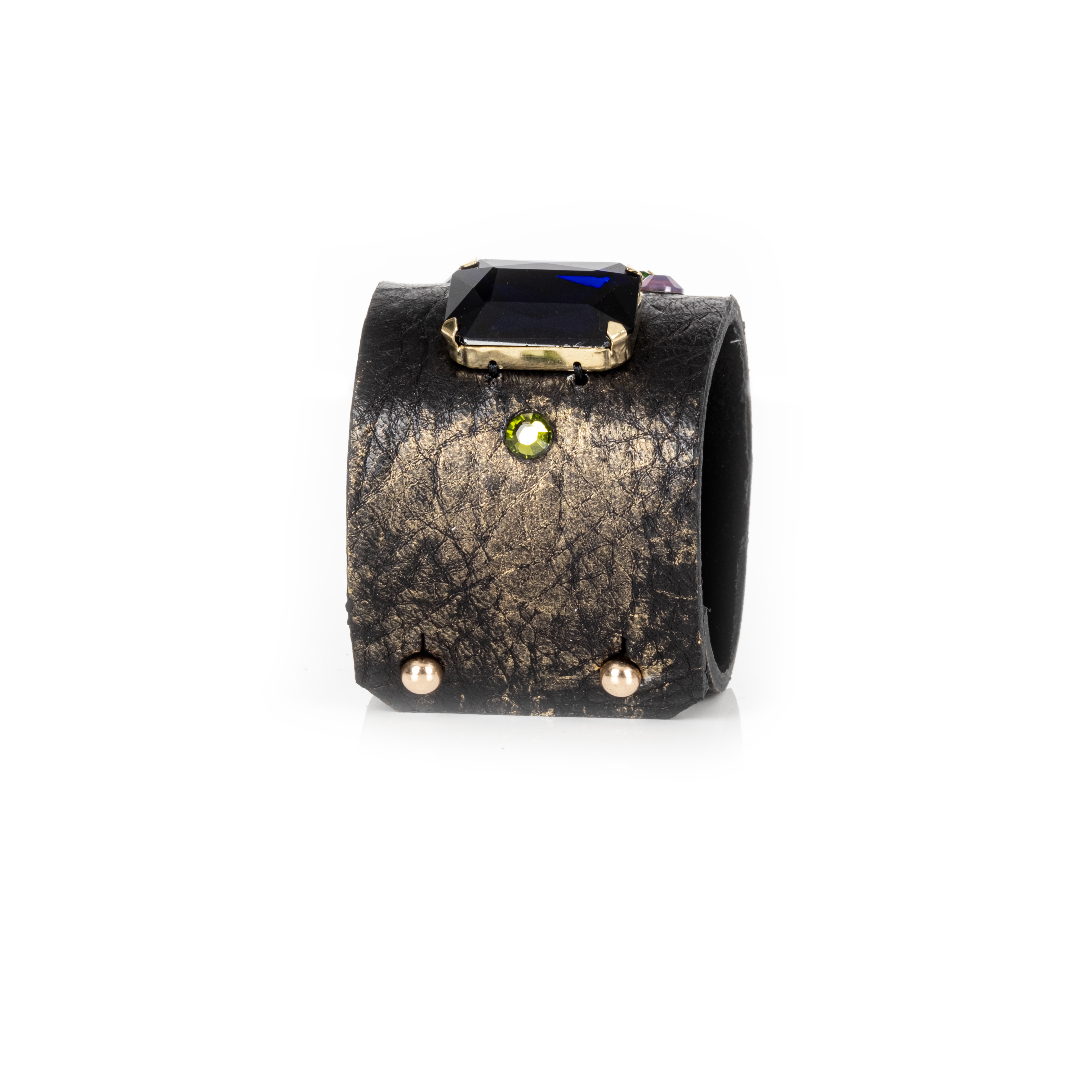 Black leather cuff bracelet with emerald green and amber crystals and multicolor stone accents, handmade statement bracelet by THE DARK