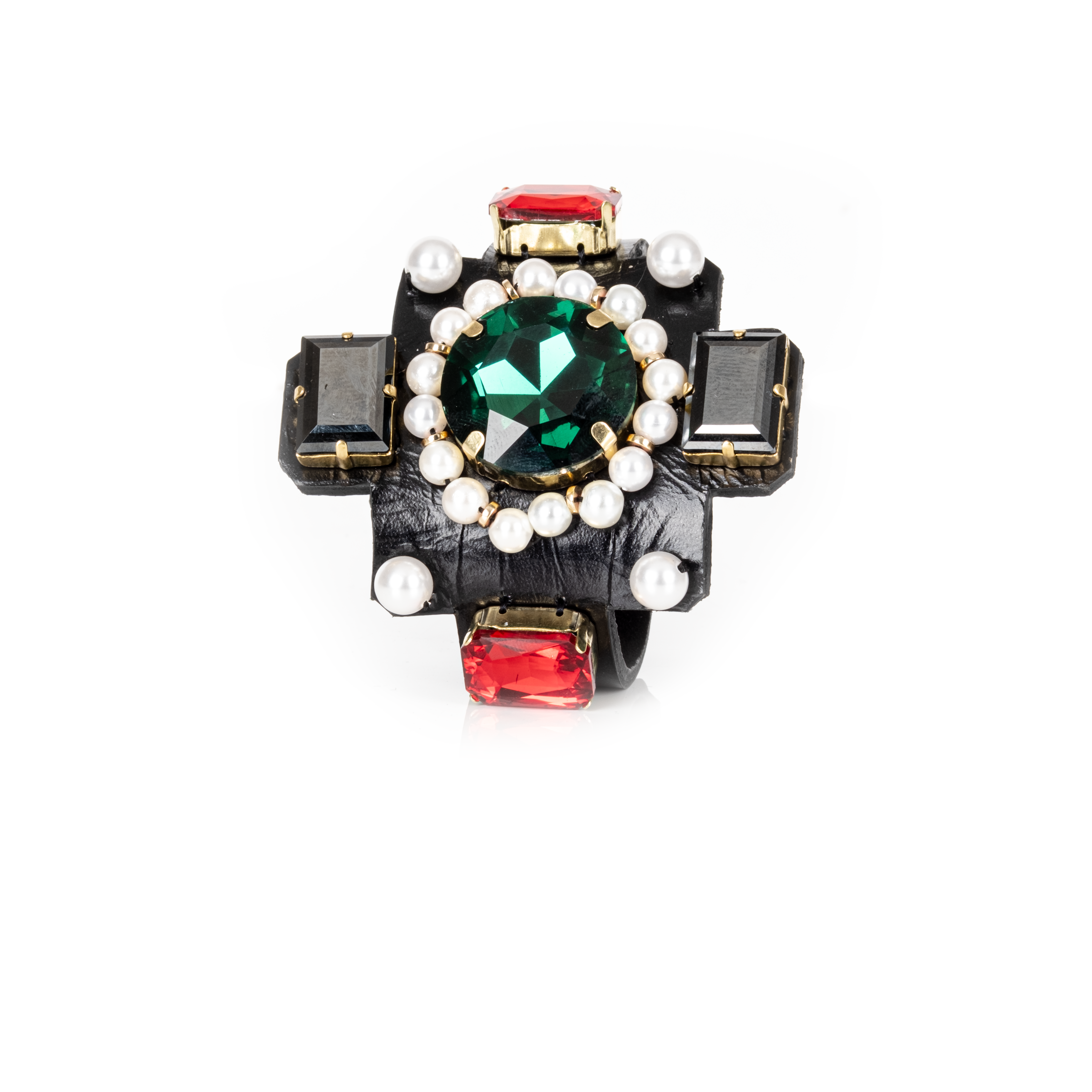 Black leather cuff bracelet with emerald green crystal center, pearl halo and ruby red stones, handmade statement bracelet by THE DARK