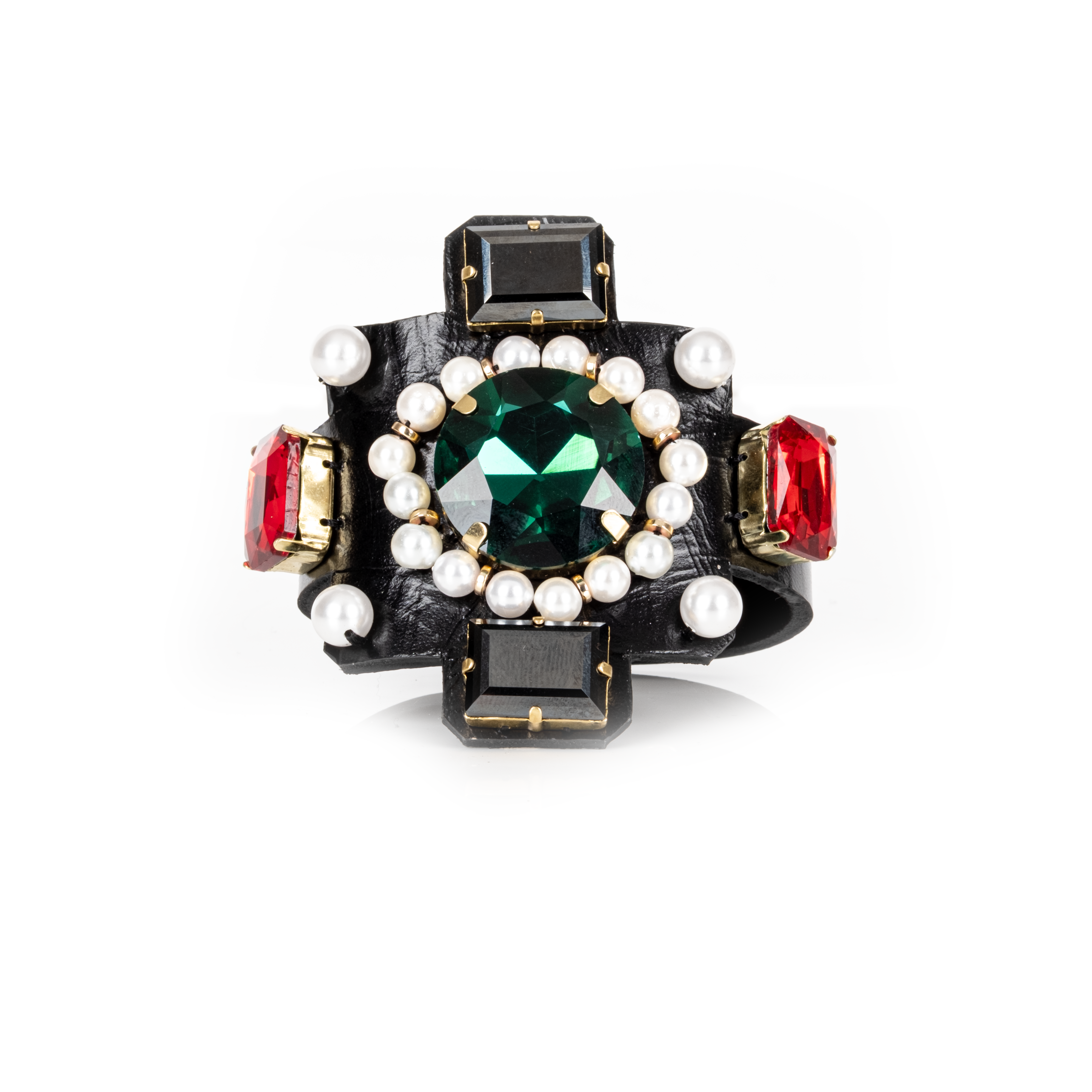 Black leather cuff bracelet with emerald green crystal center, pearl halo and ruby red stones, handmade statement bracelet by THE DARK