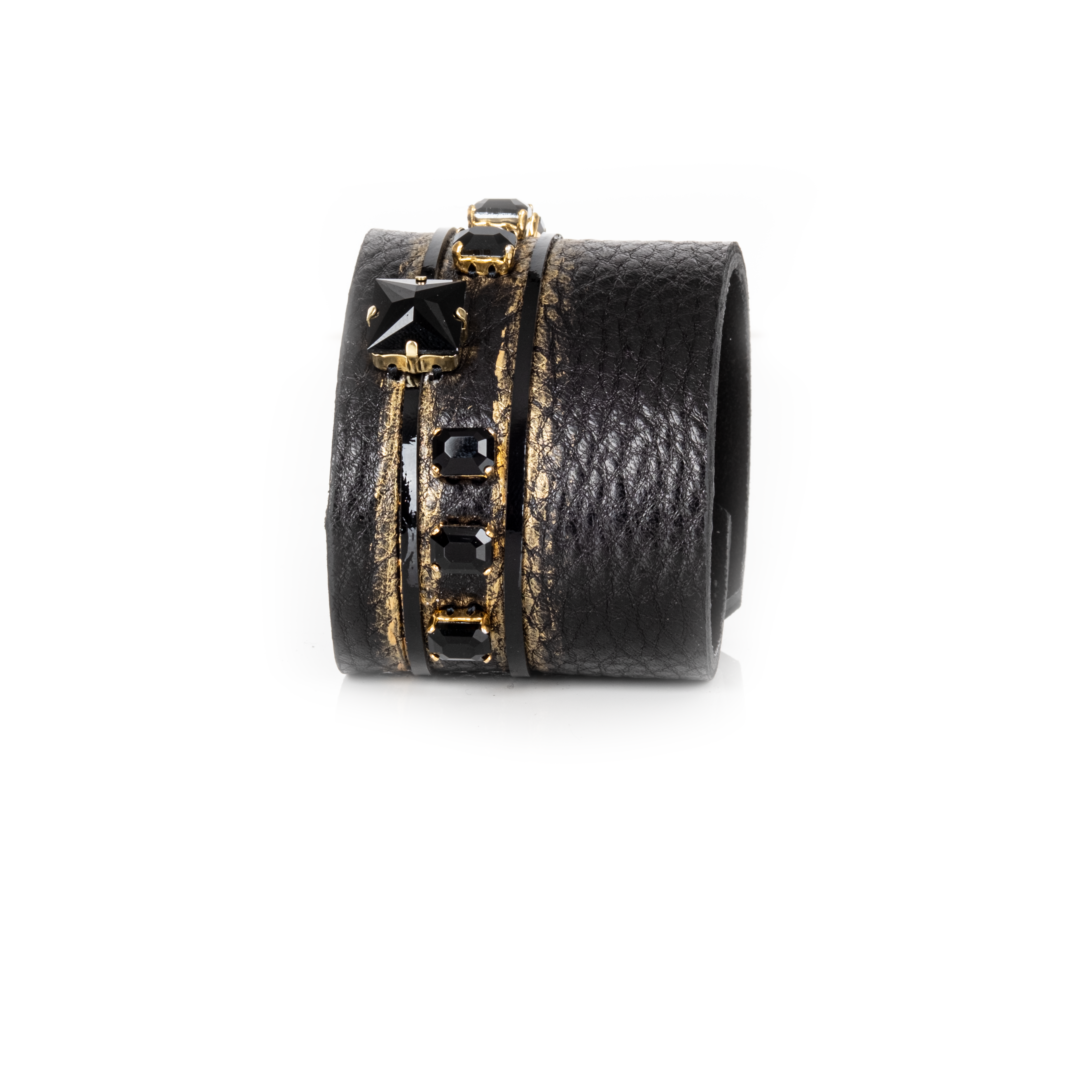 Black leather cuff bracelet with black star crystal and geometric crystal accents, handmade statement cuff by THE DARK