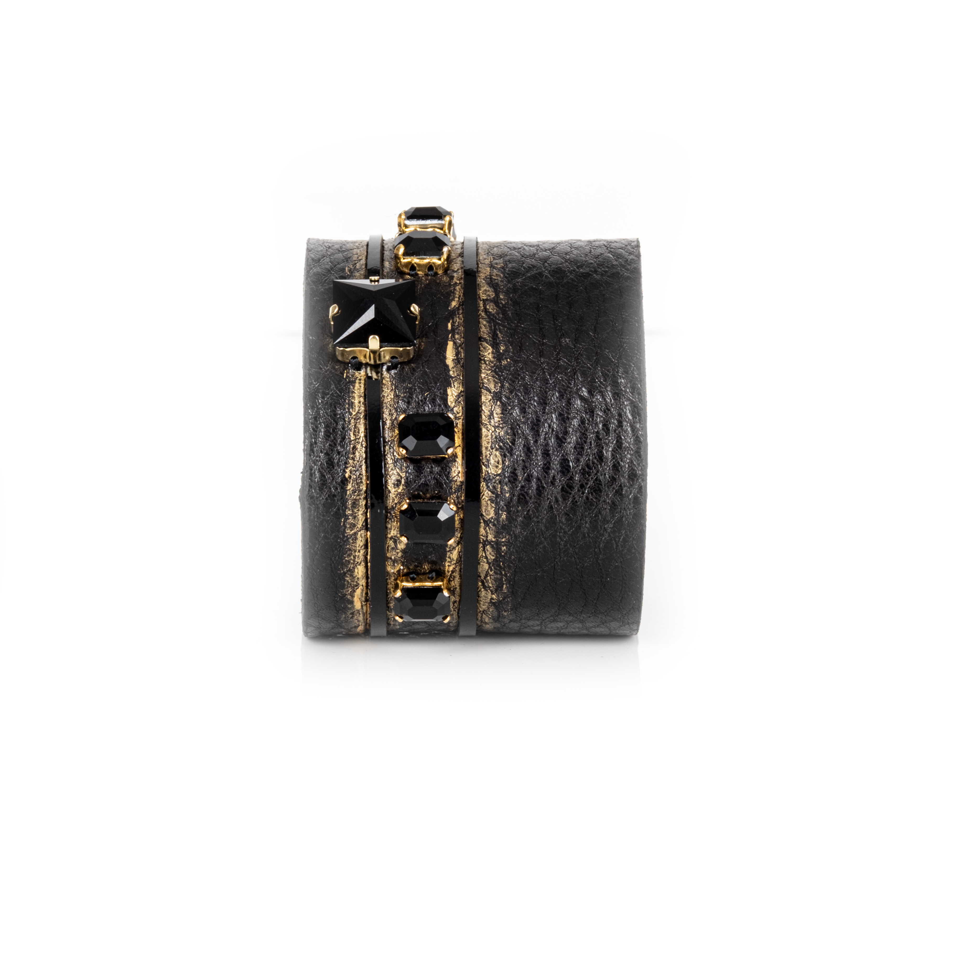 Black leather cuff bracelet with black star crystal and geometric crystal accents, handmade statement cuff by THE DARK
