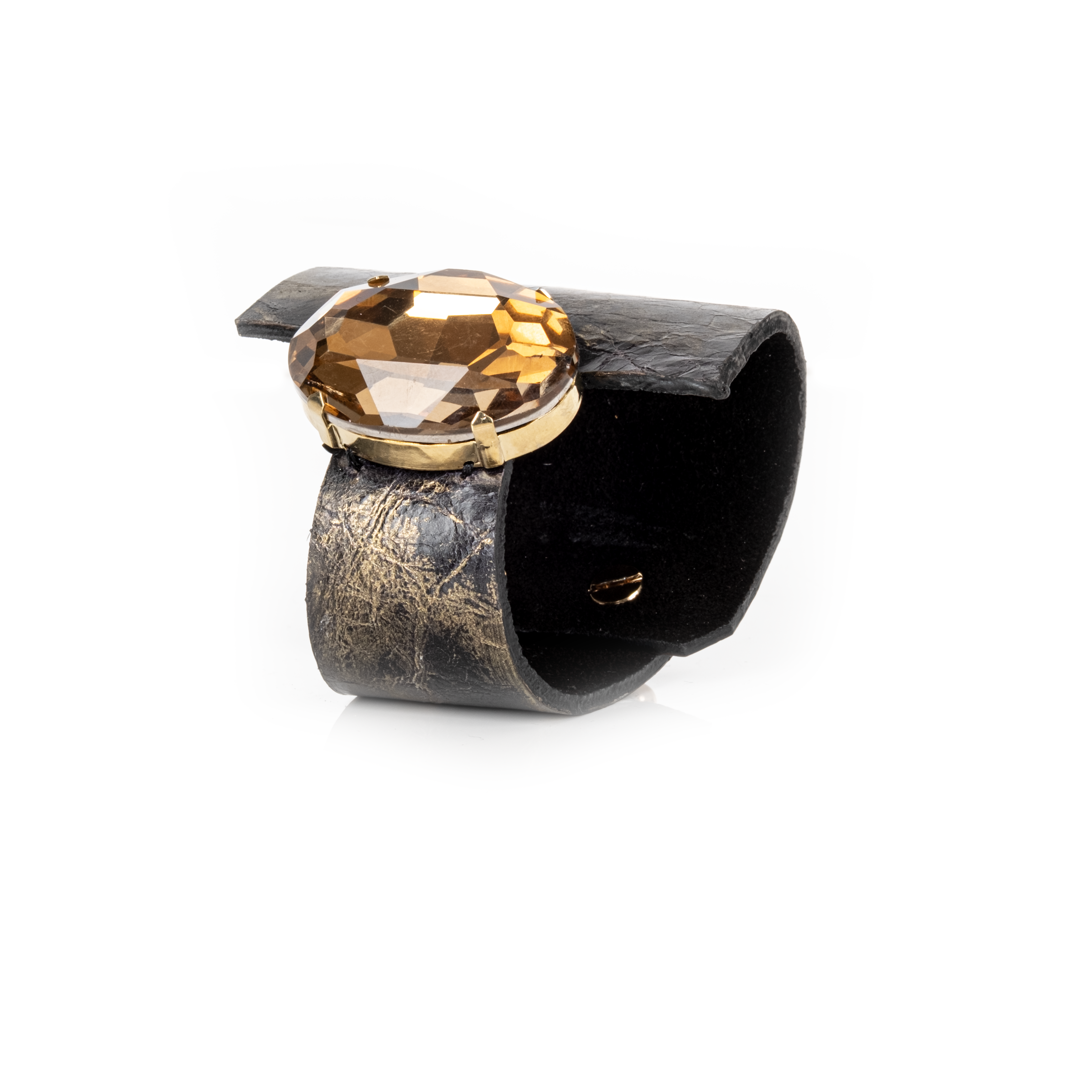 Black leather cuff bracelet with large amber crystal centerpiece in gold setting, handmade statement bracelet by THE DARK