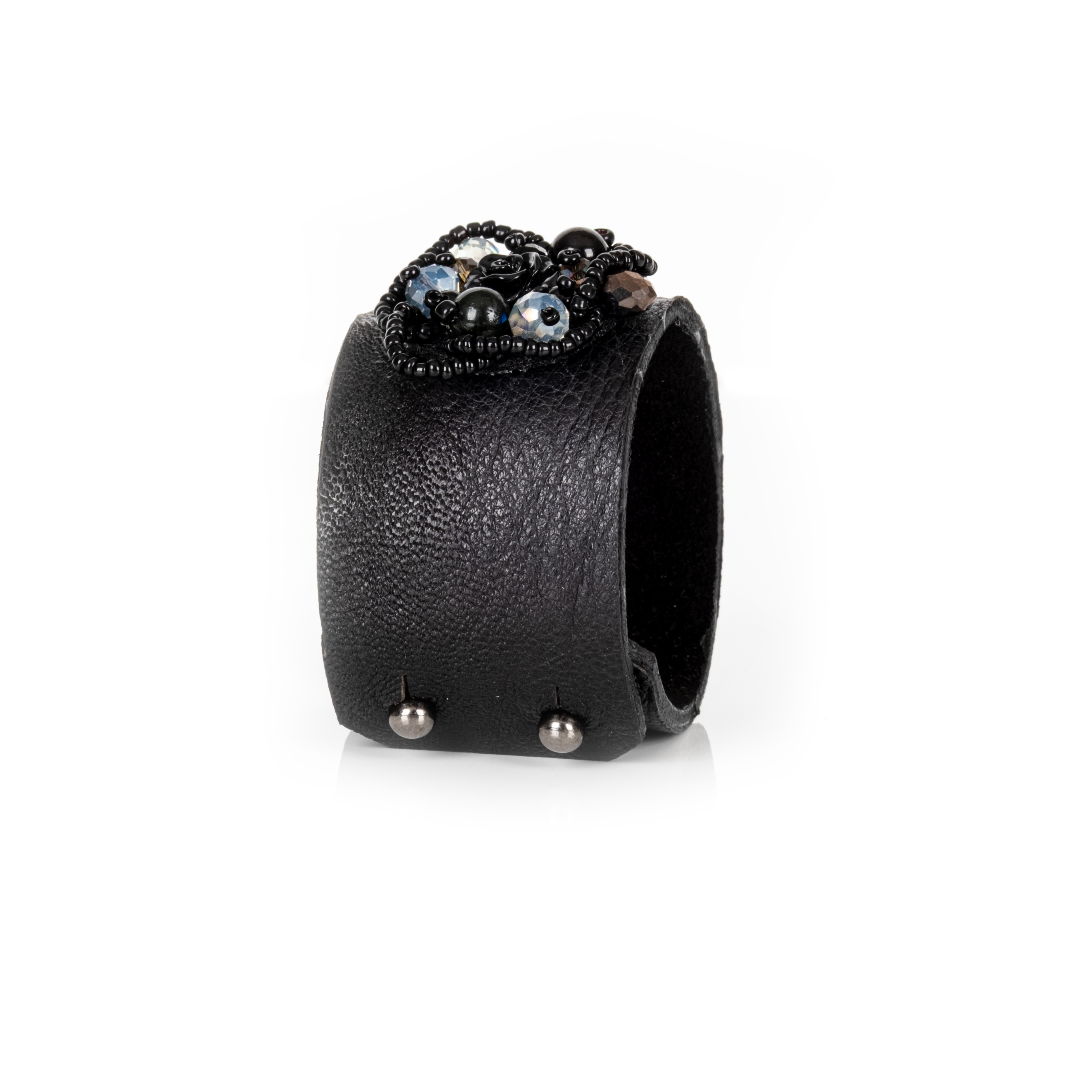 Black leather cuff bracelet with black floral bead embroidery and crystal accents, handmade statement bracelet by THE DARK