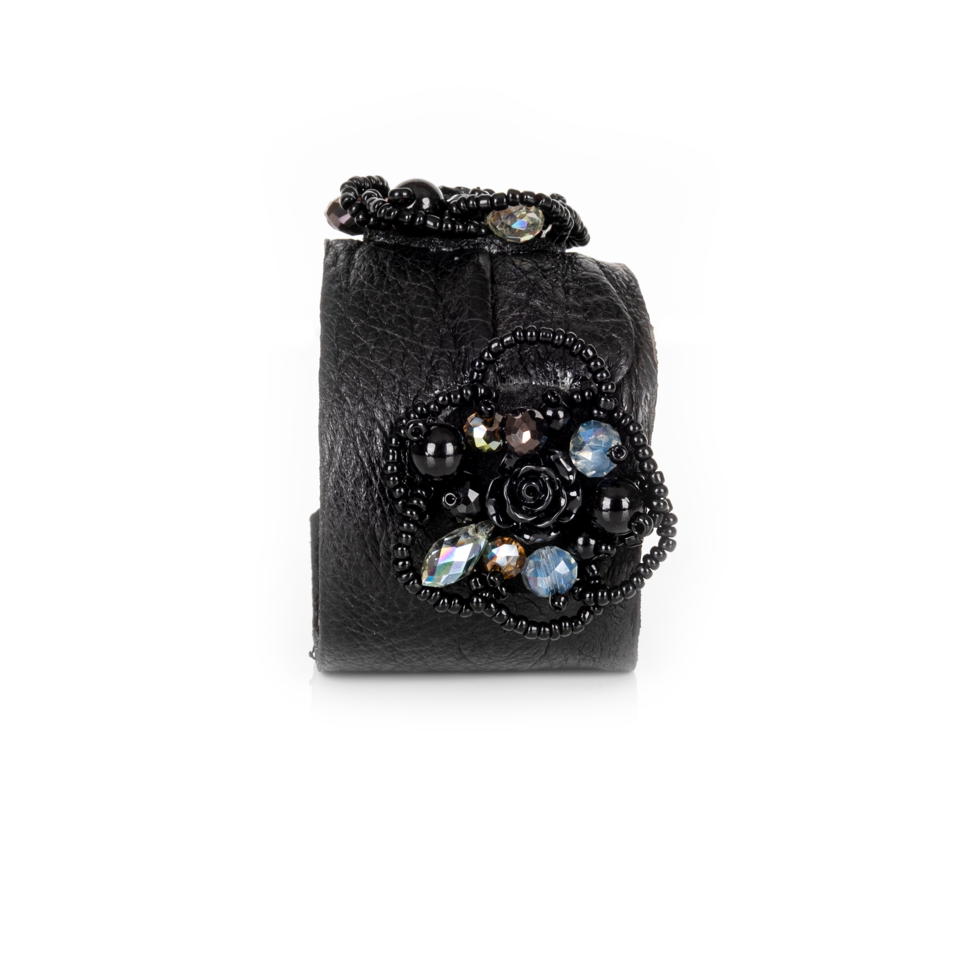 Black leather cuff bracelet with black floral bead embroidery and crystal accents, handmade statement bracelet by THE DARK