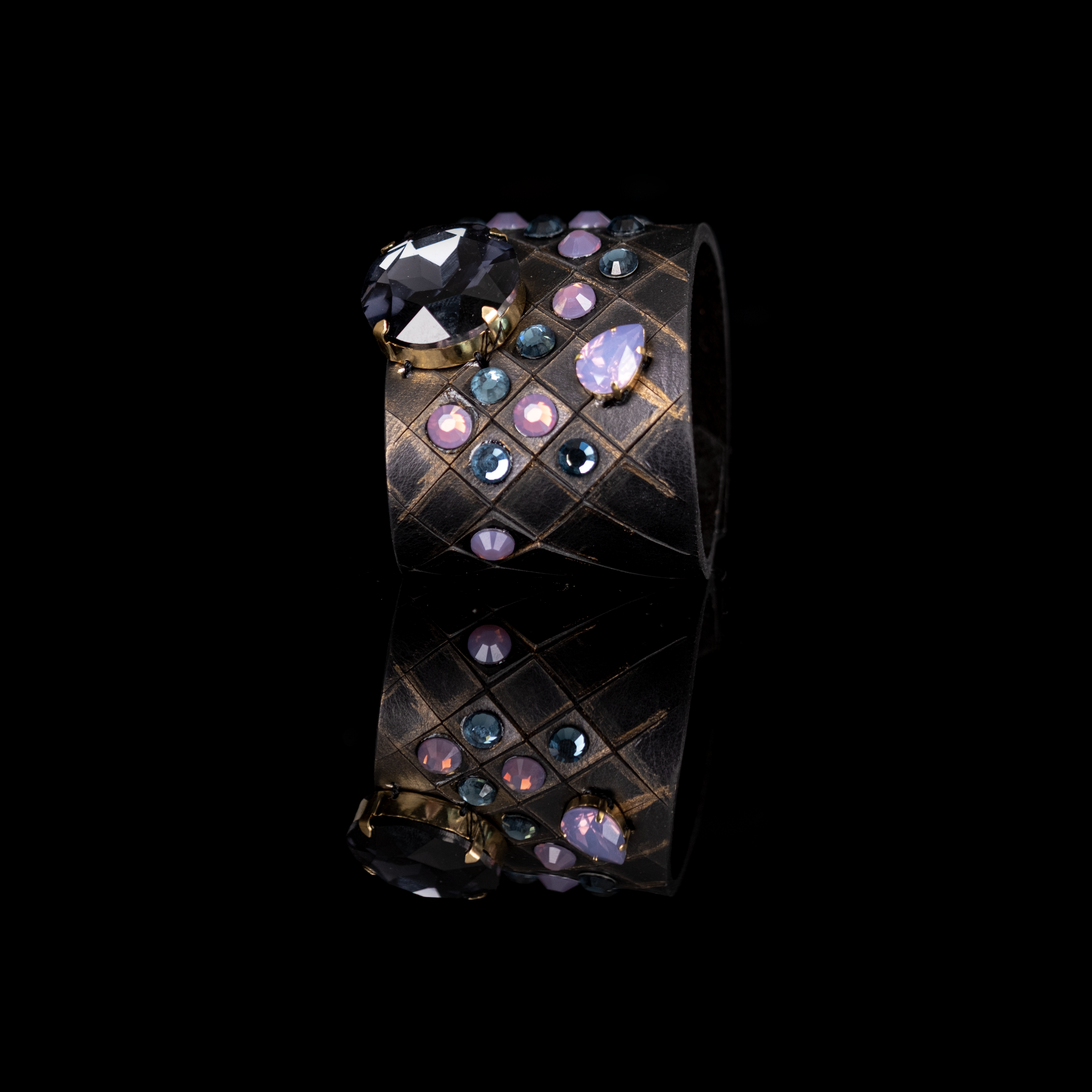 Black leather cuff with large black crystal and multicolor studded crystals, geometric statement bracelet