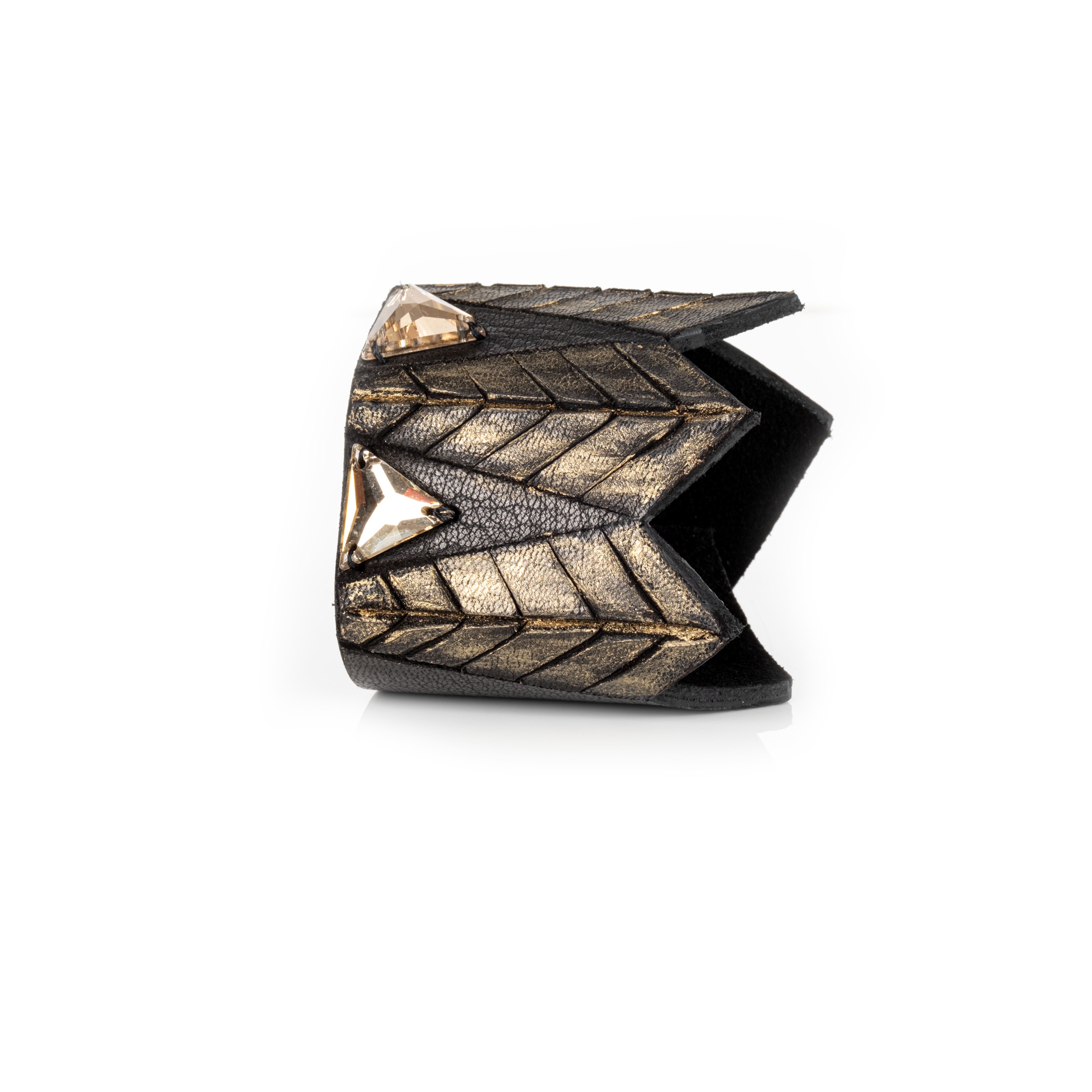 Black and gold leather cuff bracelet with geometric crystal accents and sculpted layered design