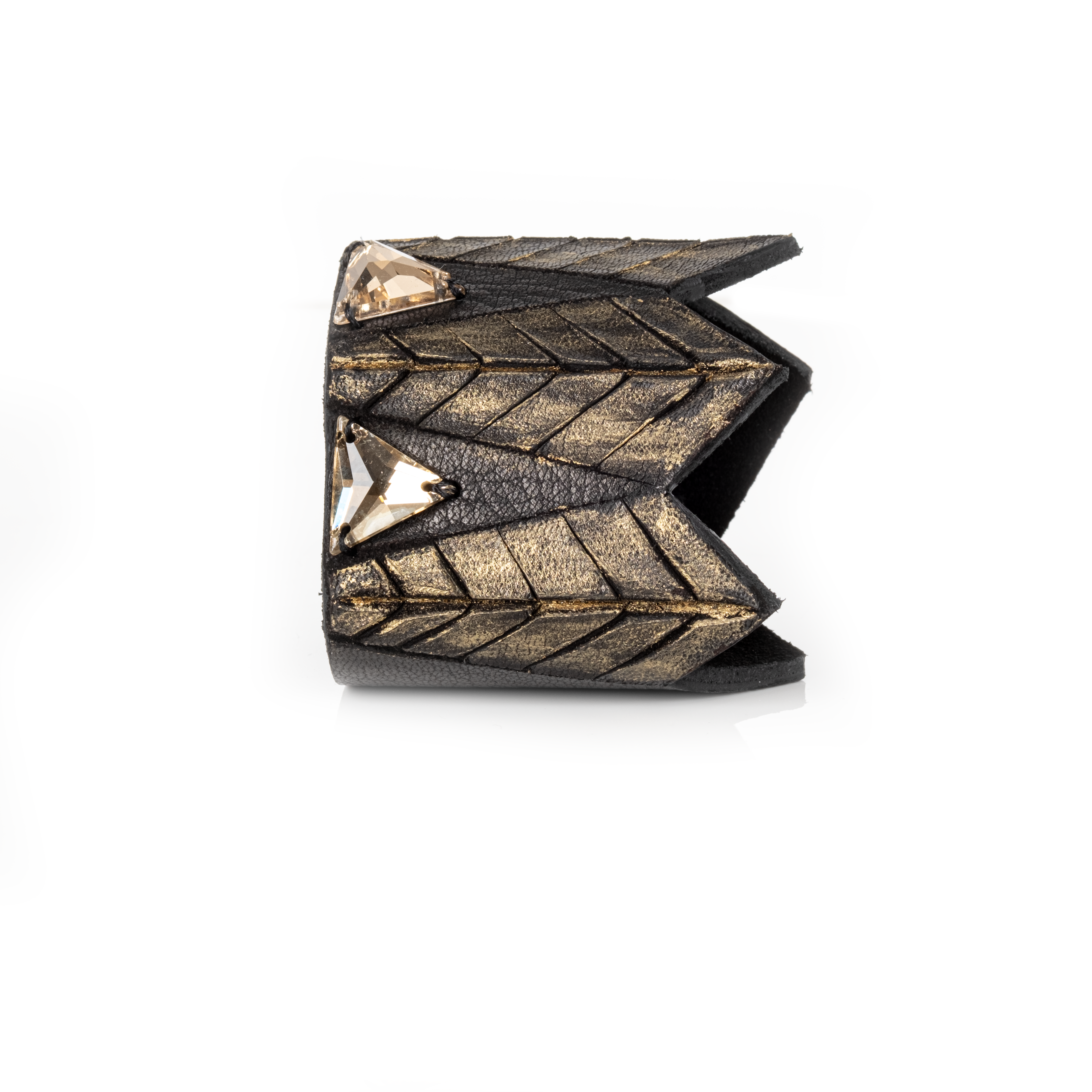 Black and gold leather cuff bracelet with geometric crystal accents and sculpted layered design