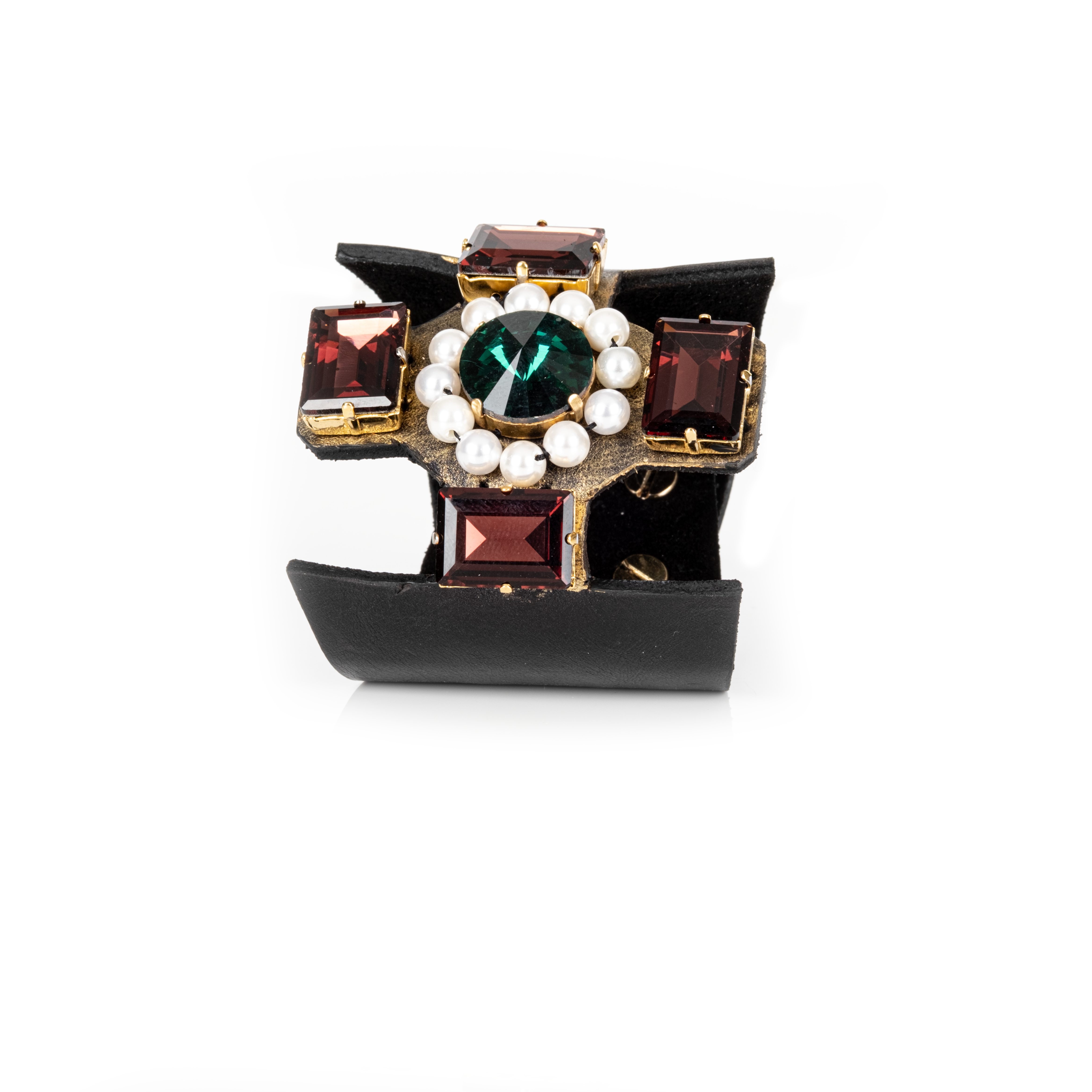 Black leather cuff with emerald green center stone, red crystals, and pearl detailing, statement bracelet