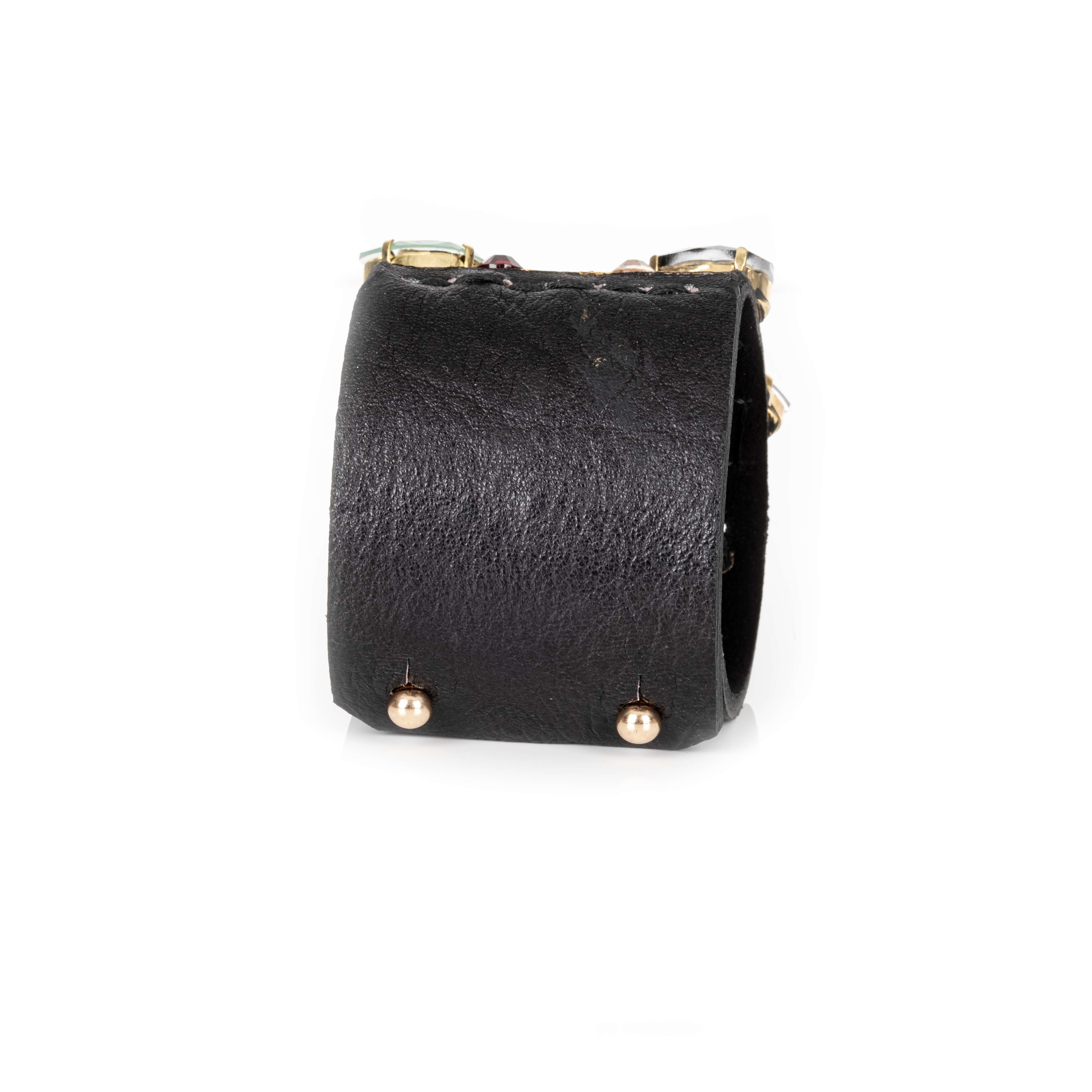 Black leather cuff with gold textured surface and multicolor crystal embellishments, statement bracelet