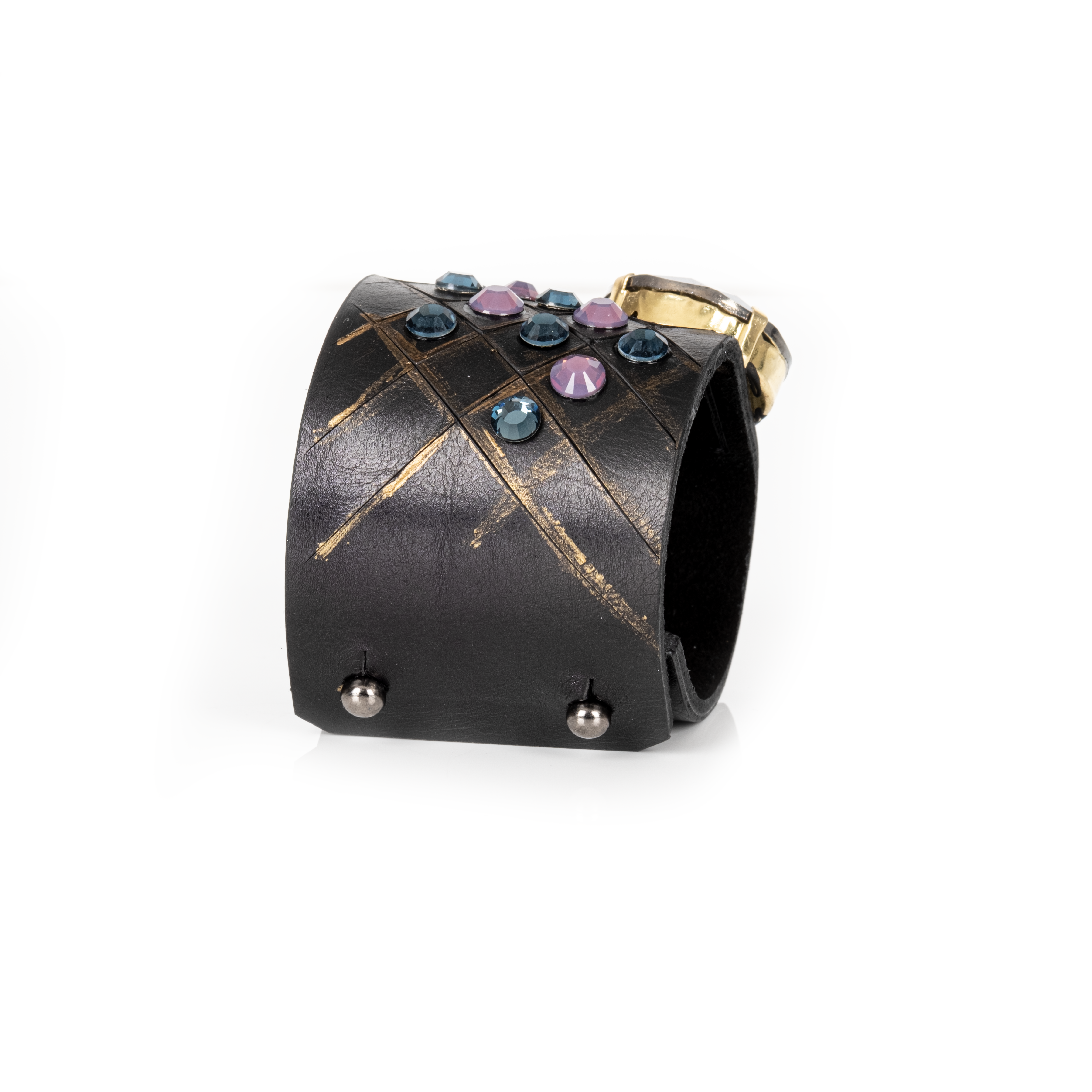 Black leather cuff with large black crystal and multicolor studded crystals, geometric statement bracelet