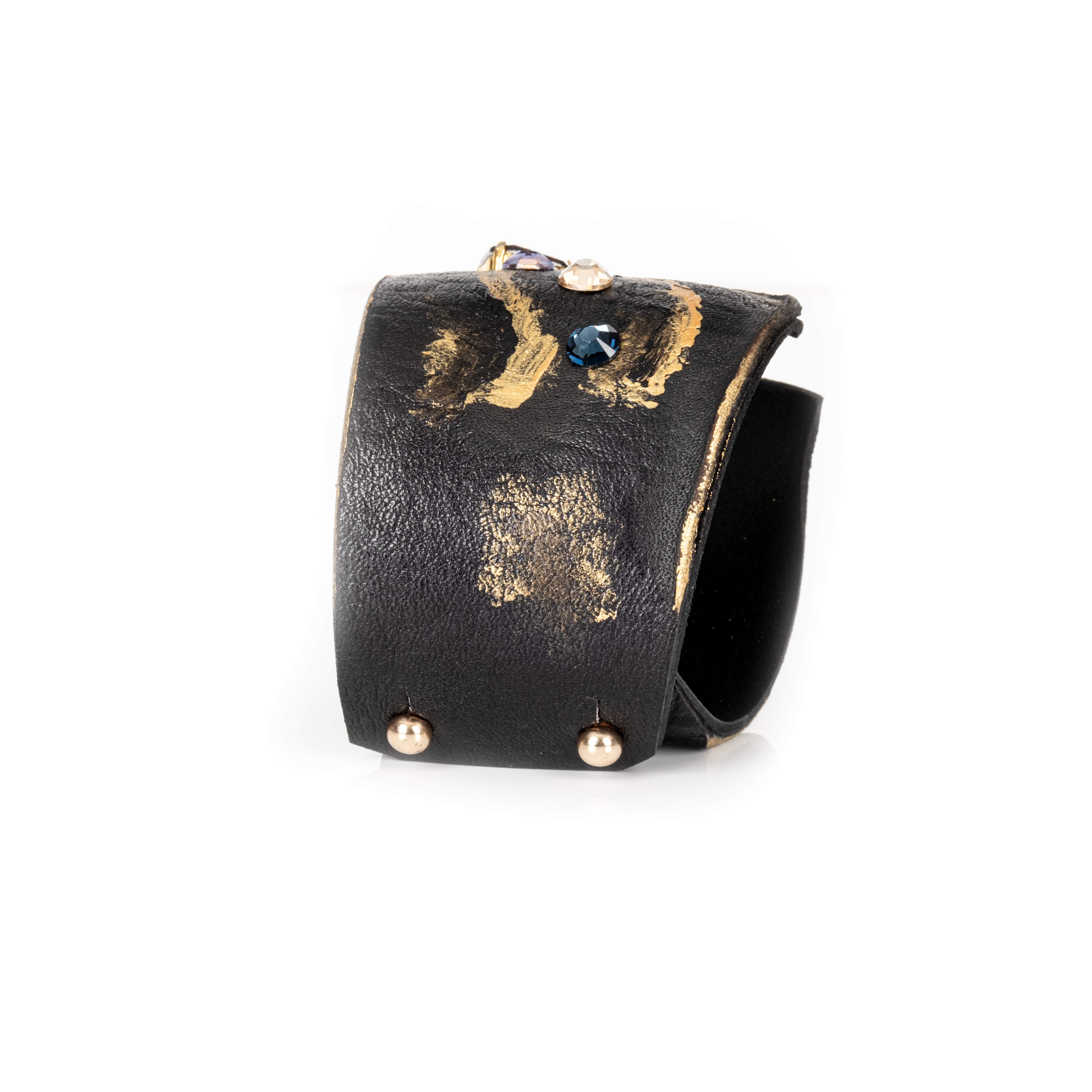 Black leather cuff with gold brushstroke finish and multicolor crystal embellishments, artistic statement bracelet