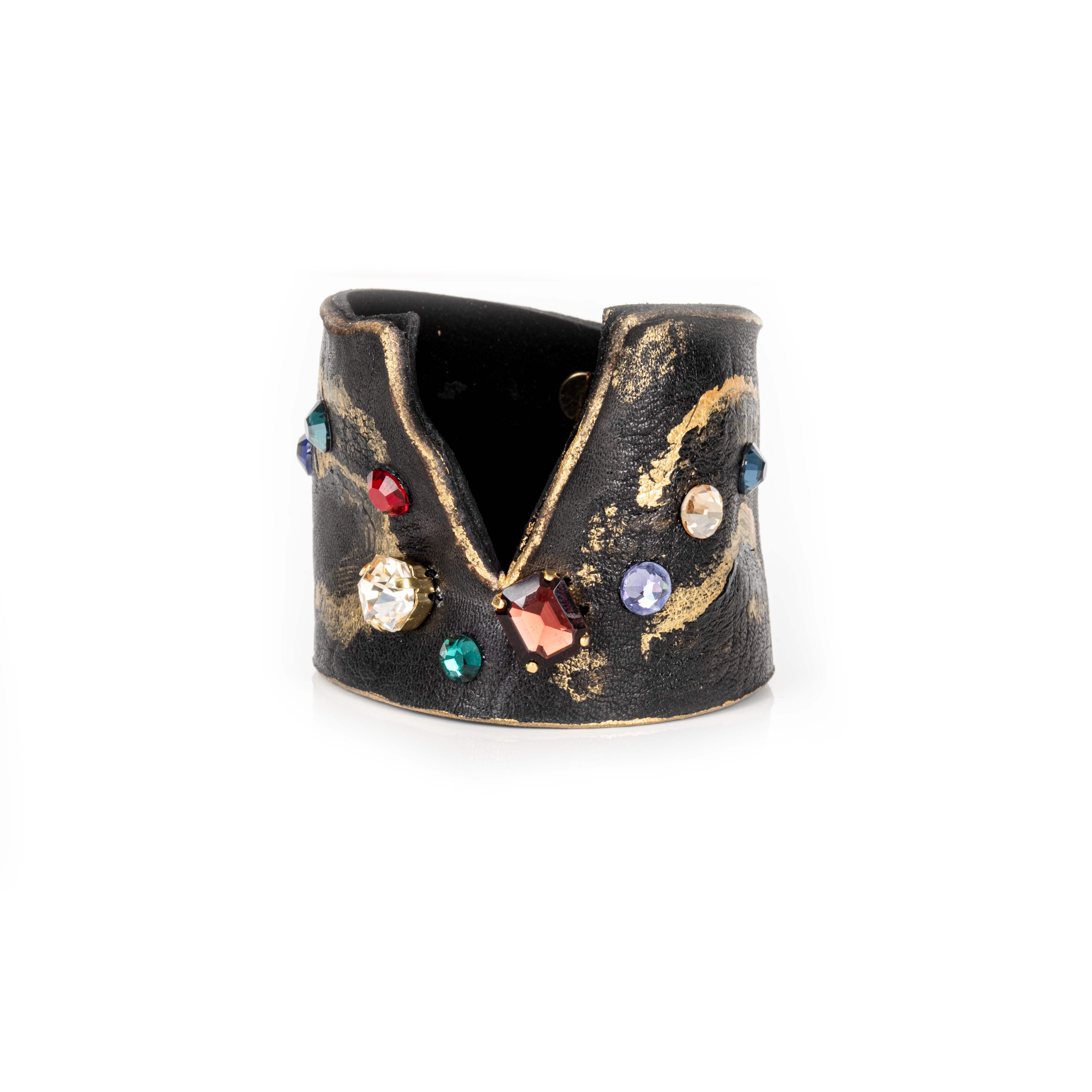 Black leather cuff with gold brushstroke finish and multicolor crystal embellishments, artistic statement bracelet