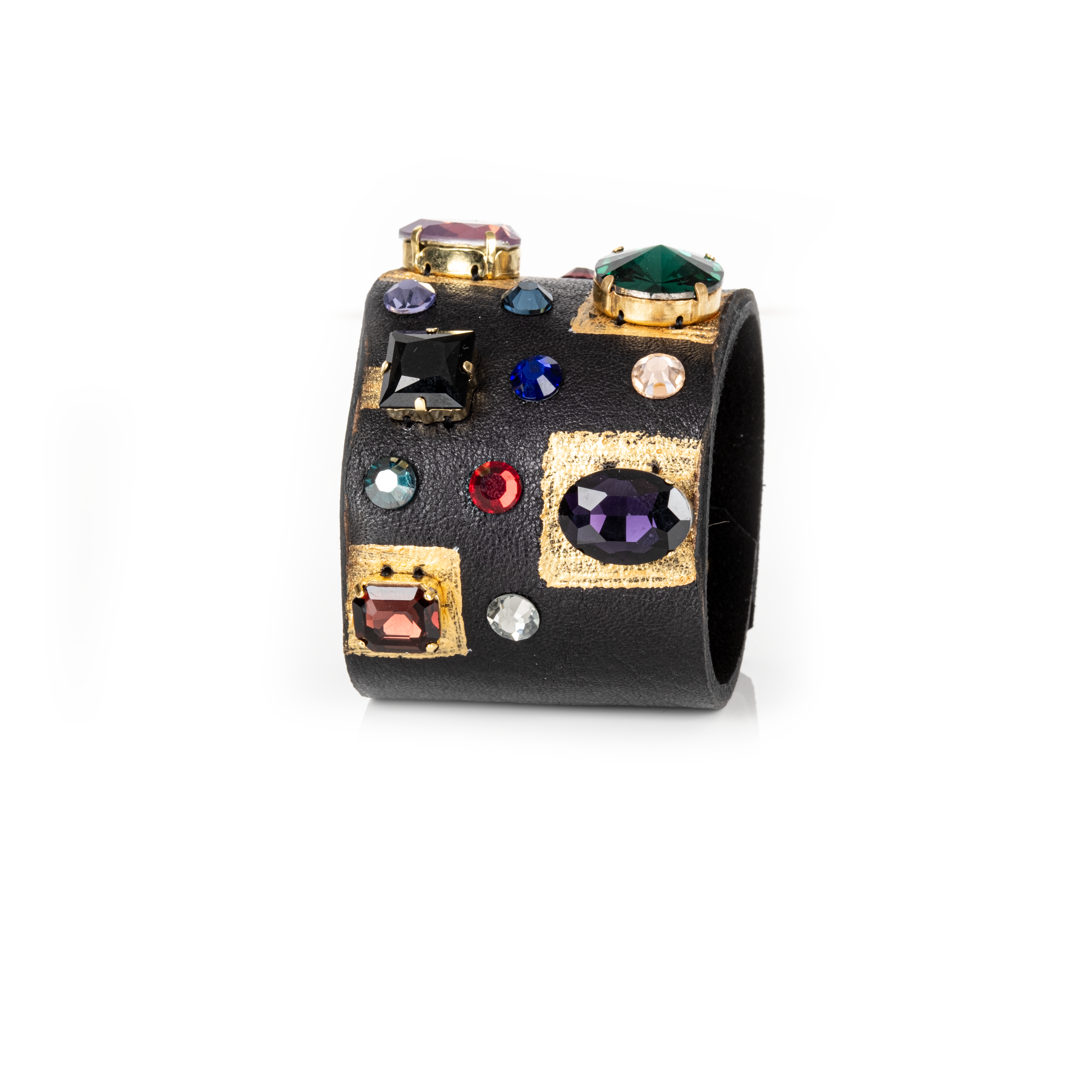 Black leather cuff with gold accents and multicolor geometric crystals, bold statement bracelet