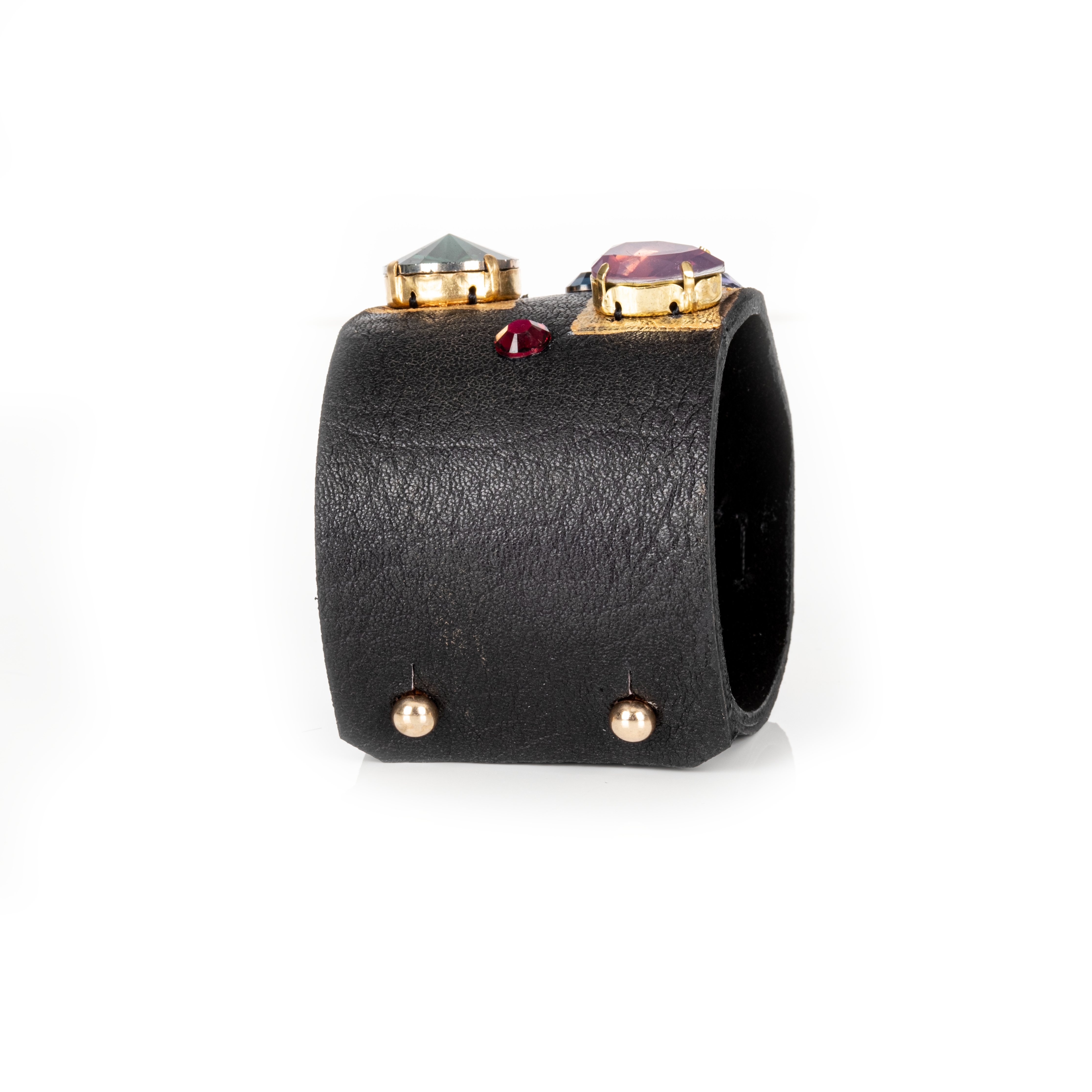 Black leather cuff with gold accents and multicolor geometric crystals, bold statement bracelet