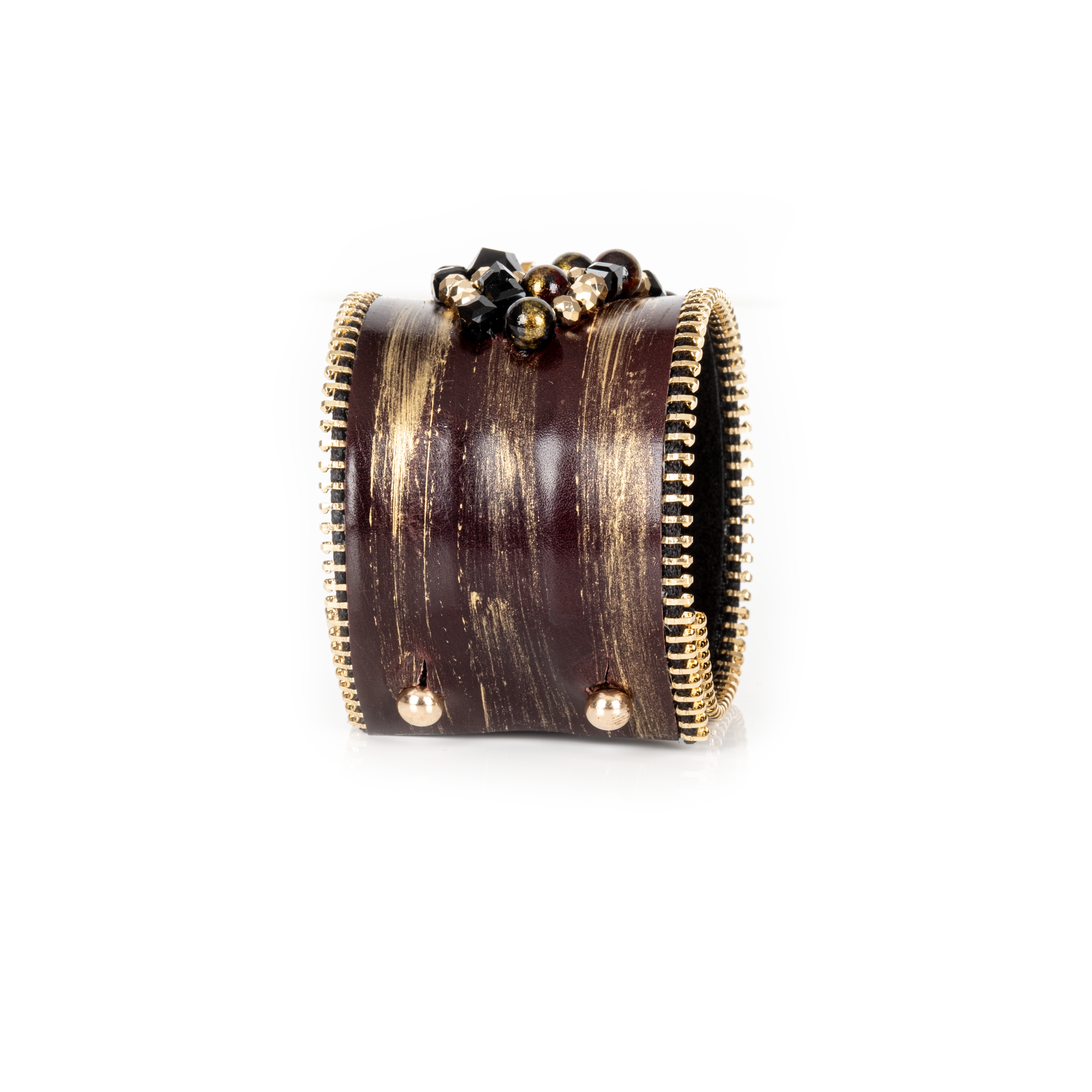Dark leather cuff with gold brushed finish, zipper edges and black-gold crystal cluster centerpiece
