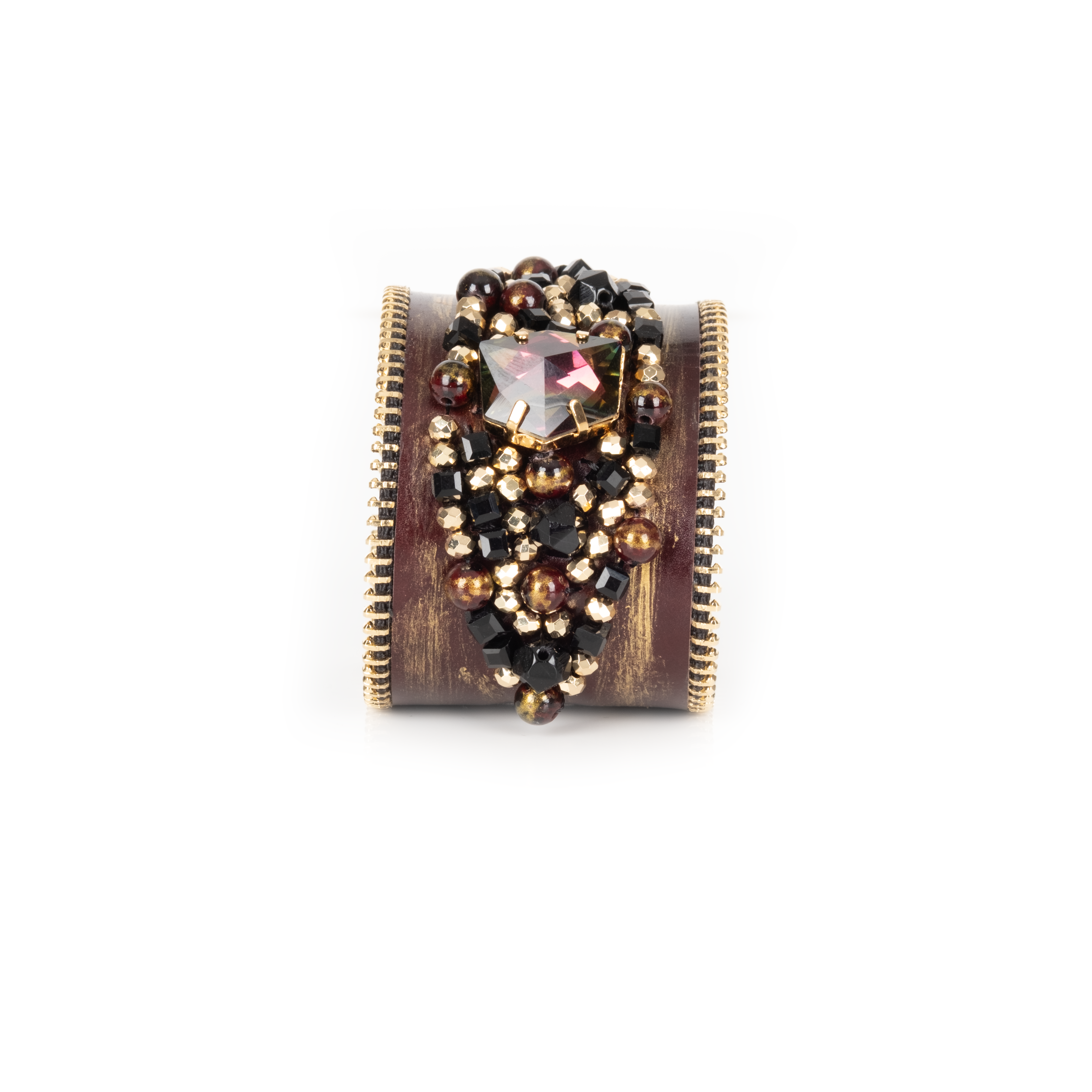 Dark leather cuff with gold brushed finish, zipper edges and black-gold crystal cluster centerpiece