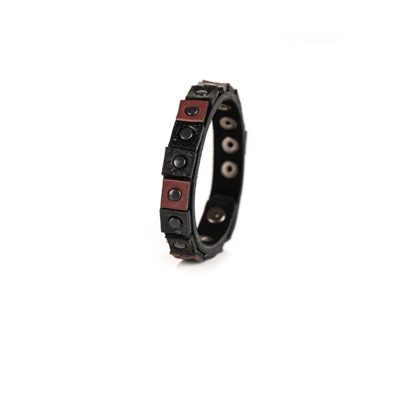 Men's Black & Brown Leather Studded Bracelet Handmade Industrial Rivet Cuff