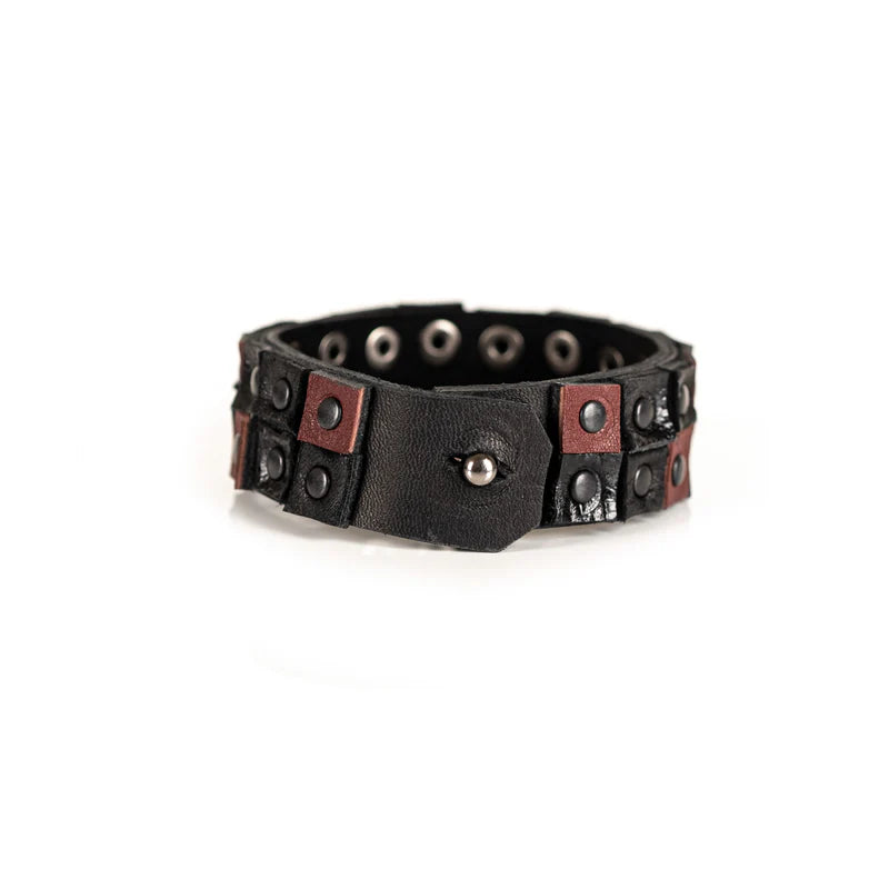 Men's Black & Brown Leather Studded Cuff Bracelet Handmade Double Row Rivet Wristband
