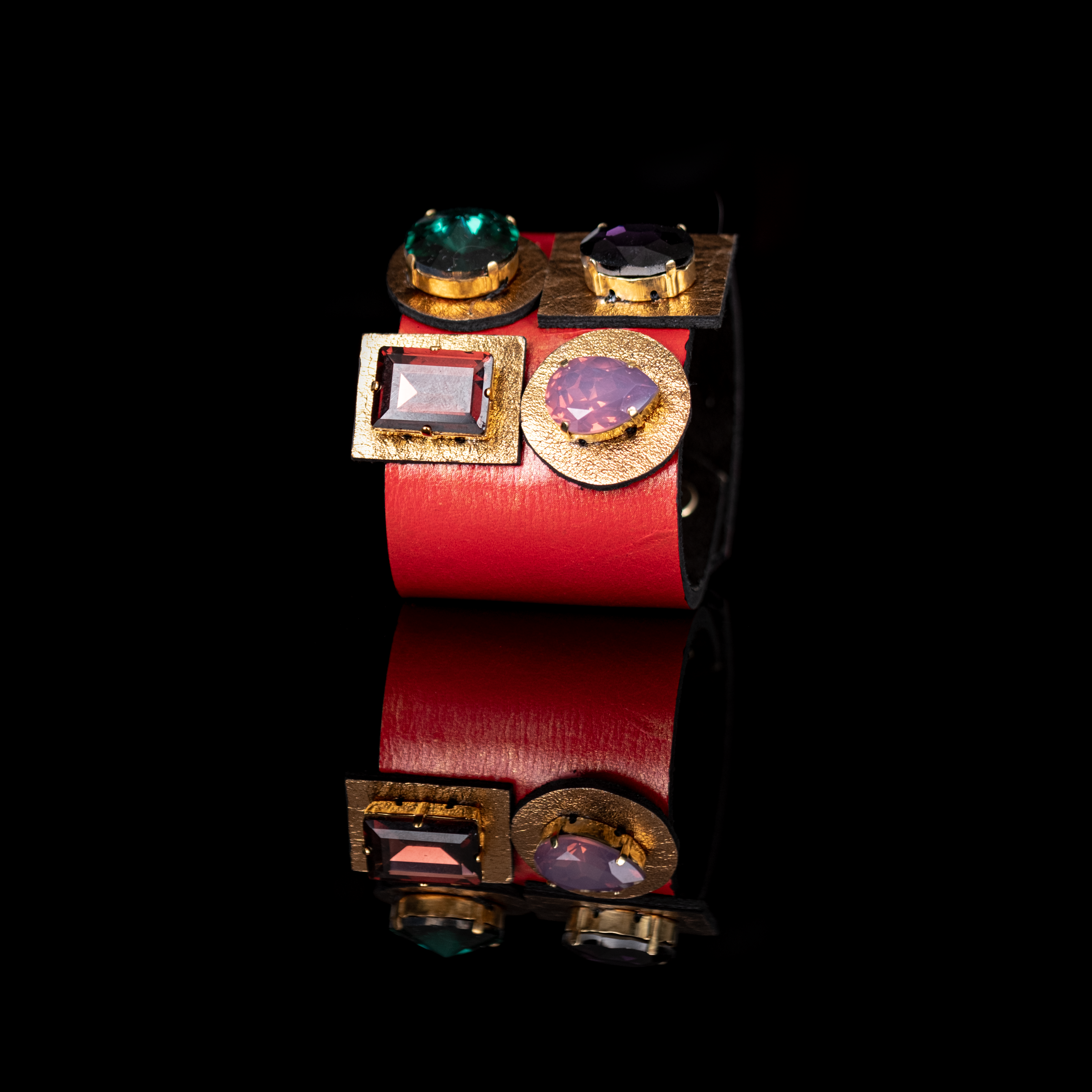 Red leather cuff bracelet with multicolor stones in geometric gold settings