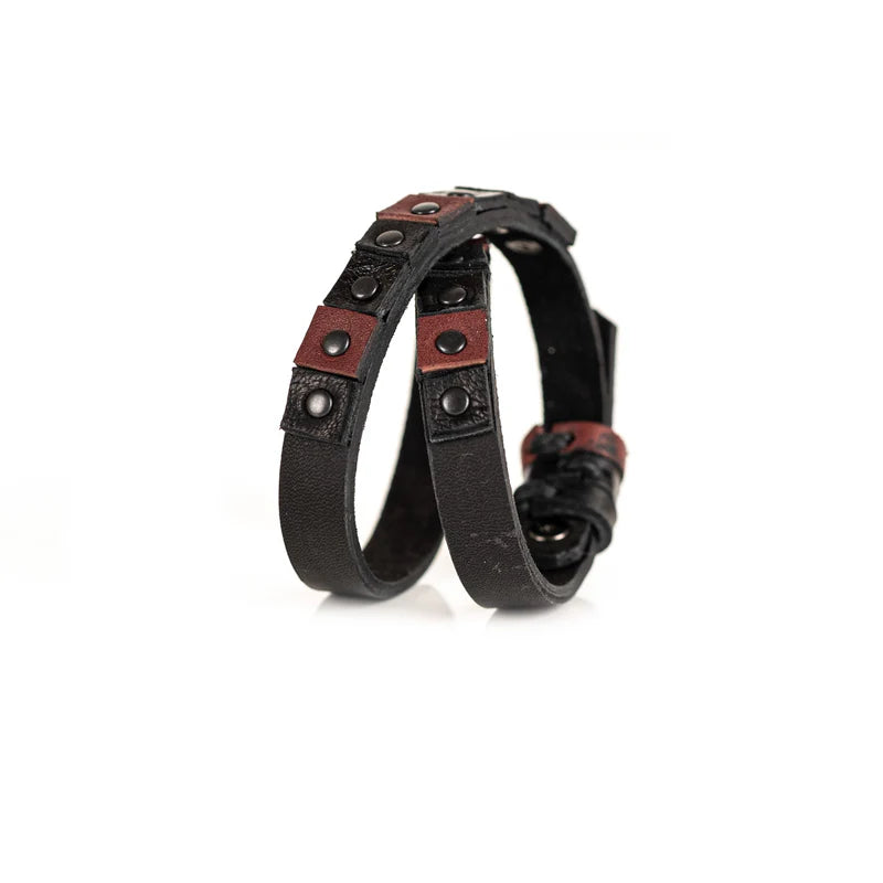 Men's Black & Brown Leather Double Wrap Bracelet Handmade Studded Wrap Wristband