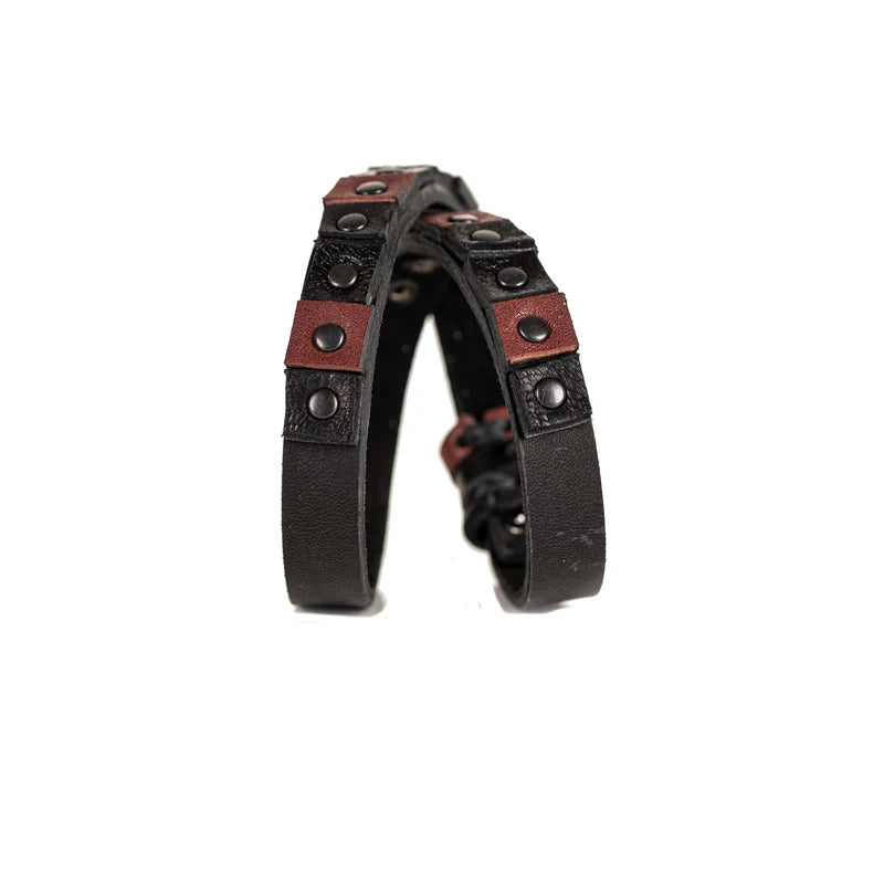 Men's Black & Brown Leather Double Wrap Bracelet Handmade Studded Wrap Wristband