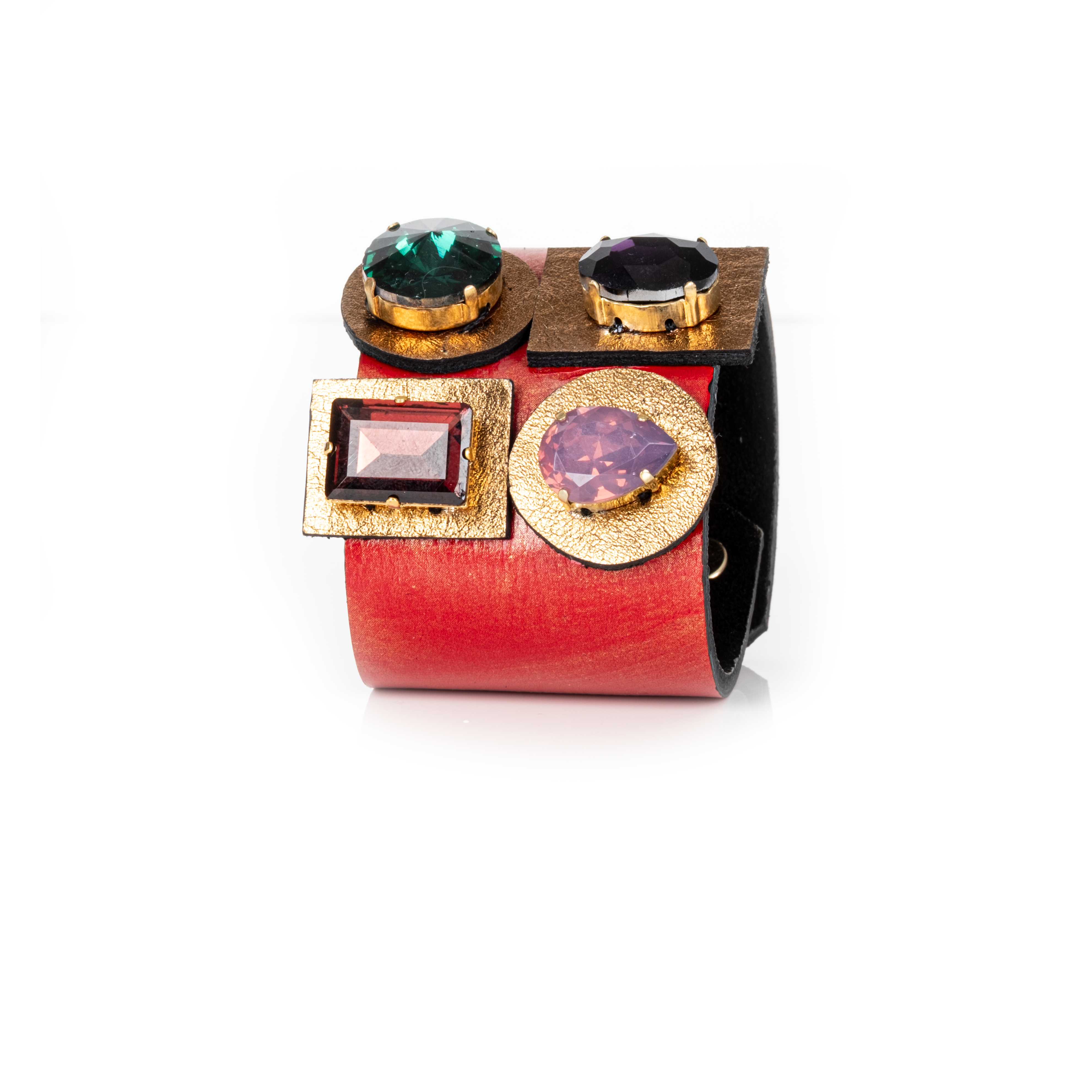 Red leather cuff bracelet with multicolor stones in geometric gold settings