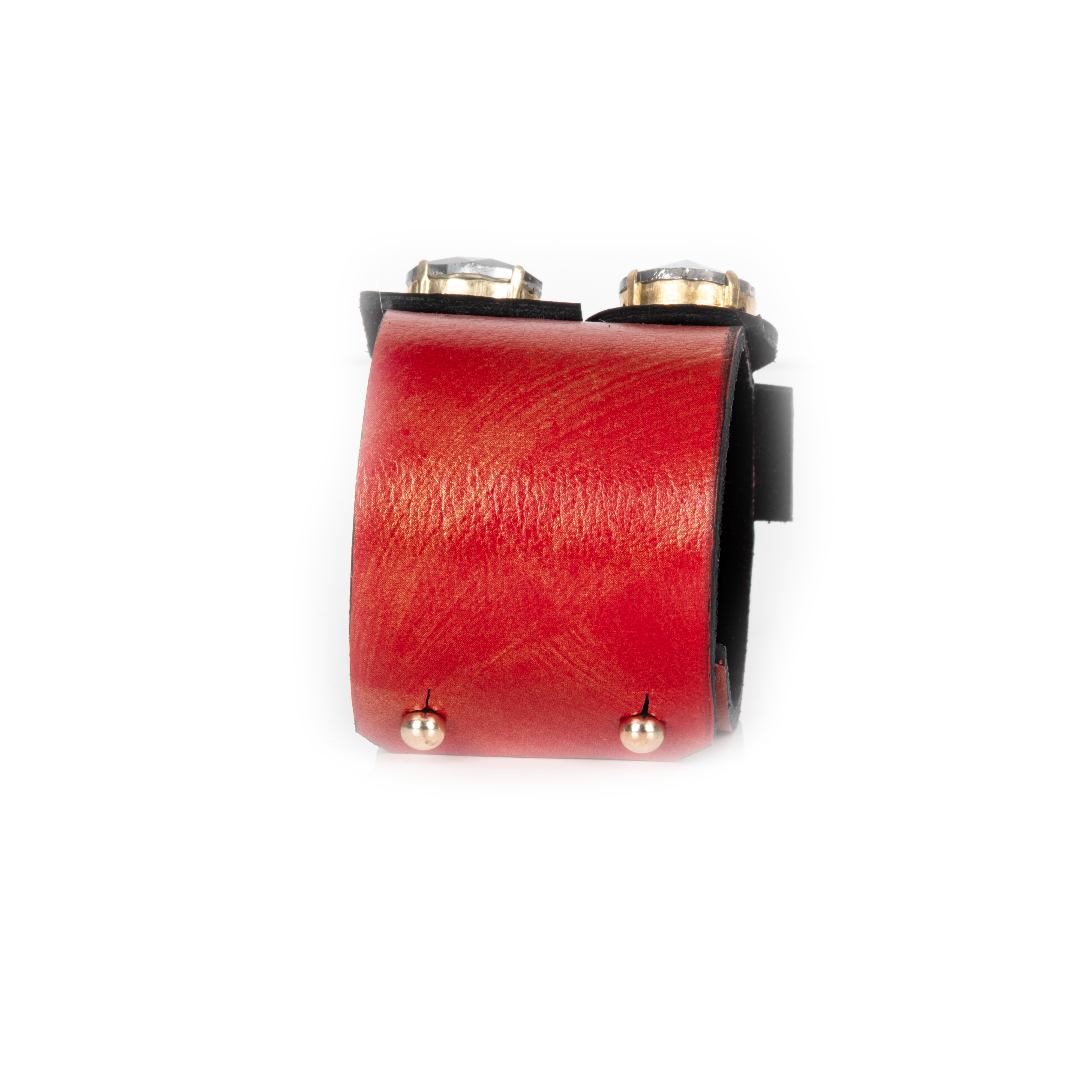 Red leather cuff bracelet with multicolor stones in geometric gold settings