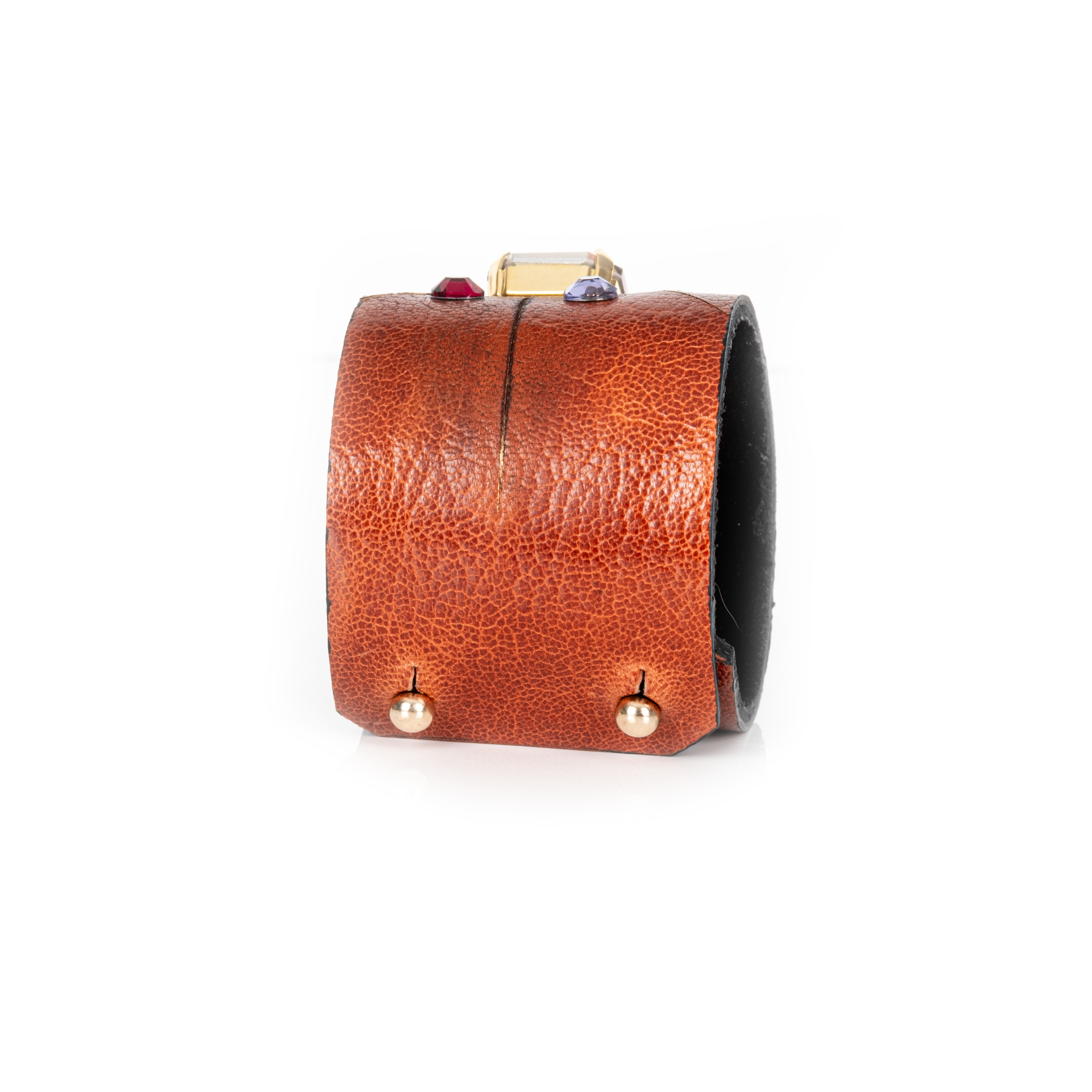 Brown leather cuff bracelet with multicolor crystals and large iridescent center stone, wide geometric statement bracelet for women