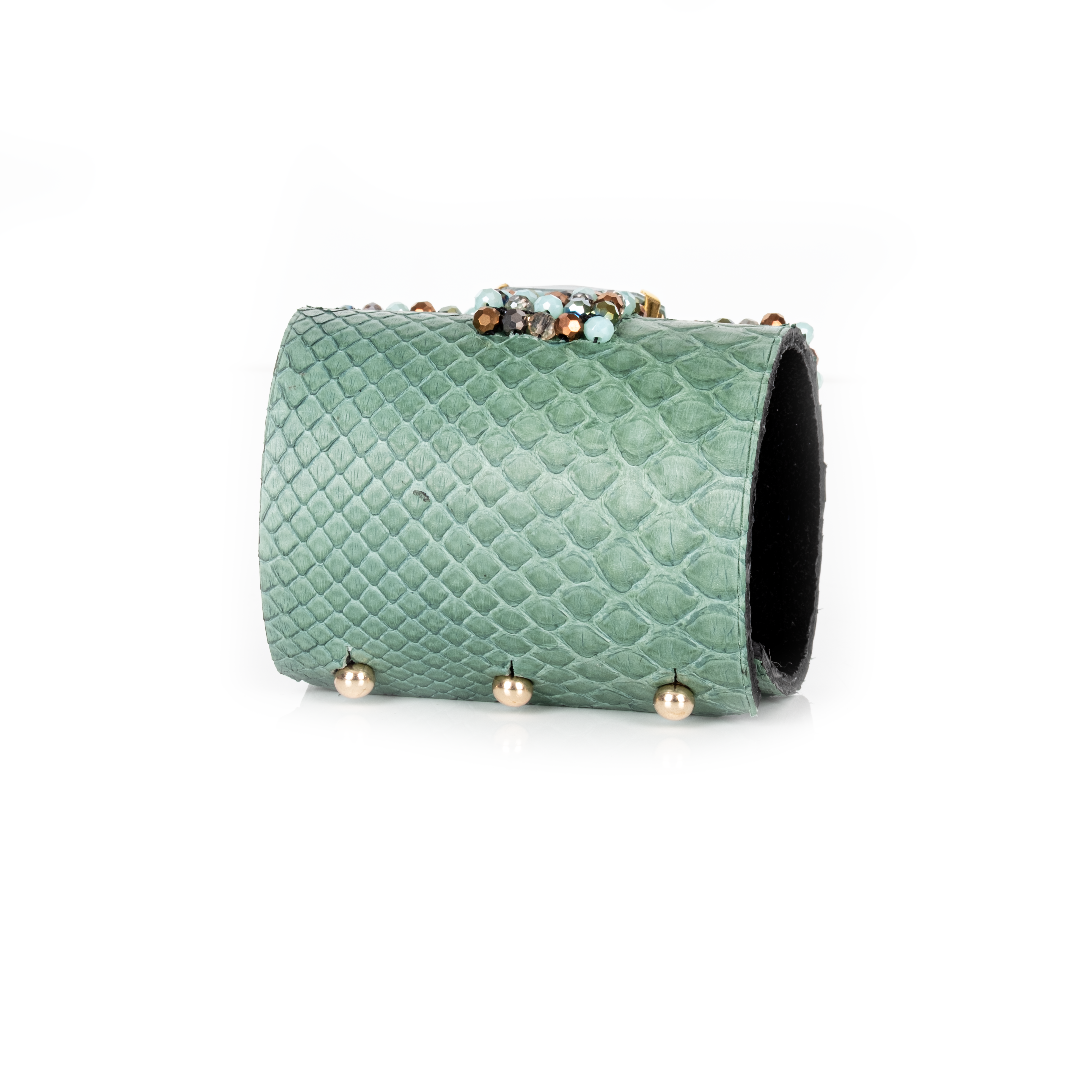 Mint green python leather cuff bracelet with white stone and crystal bead detailing