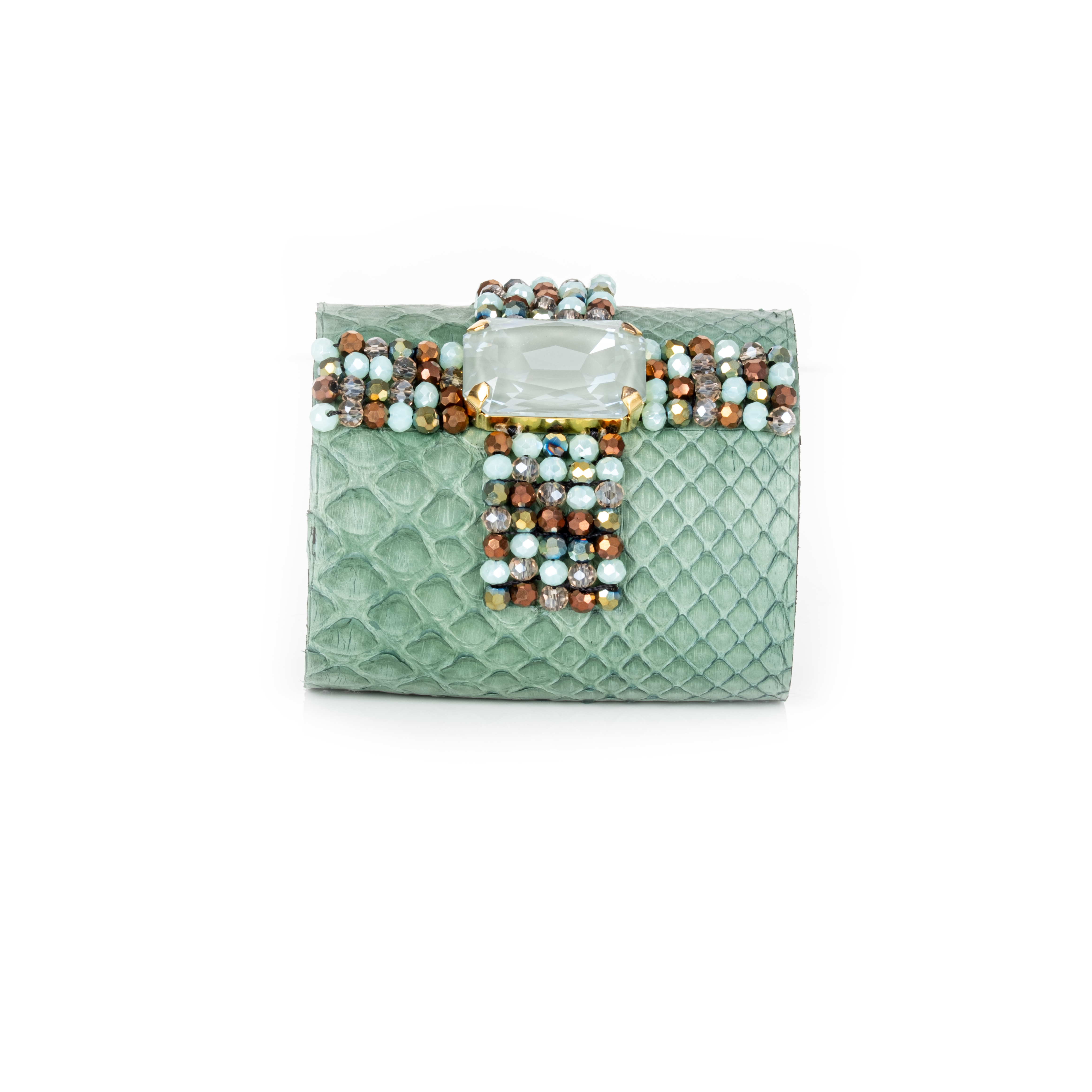 Mint green python leather cuff bracelet with white stone and crystal bead detailing