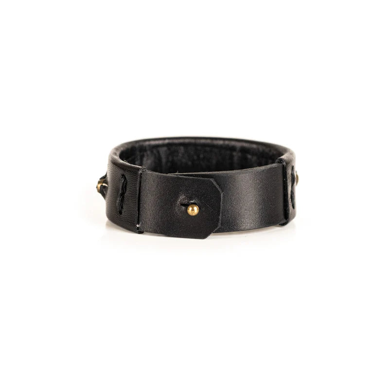 Men's Black Leather Bracelet with Brass Stud Accents Handmade Minimalist Cuff