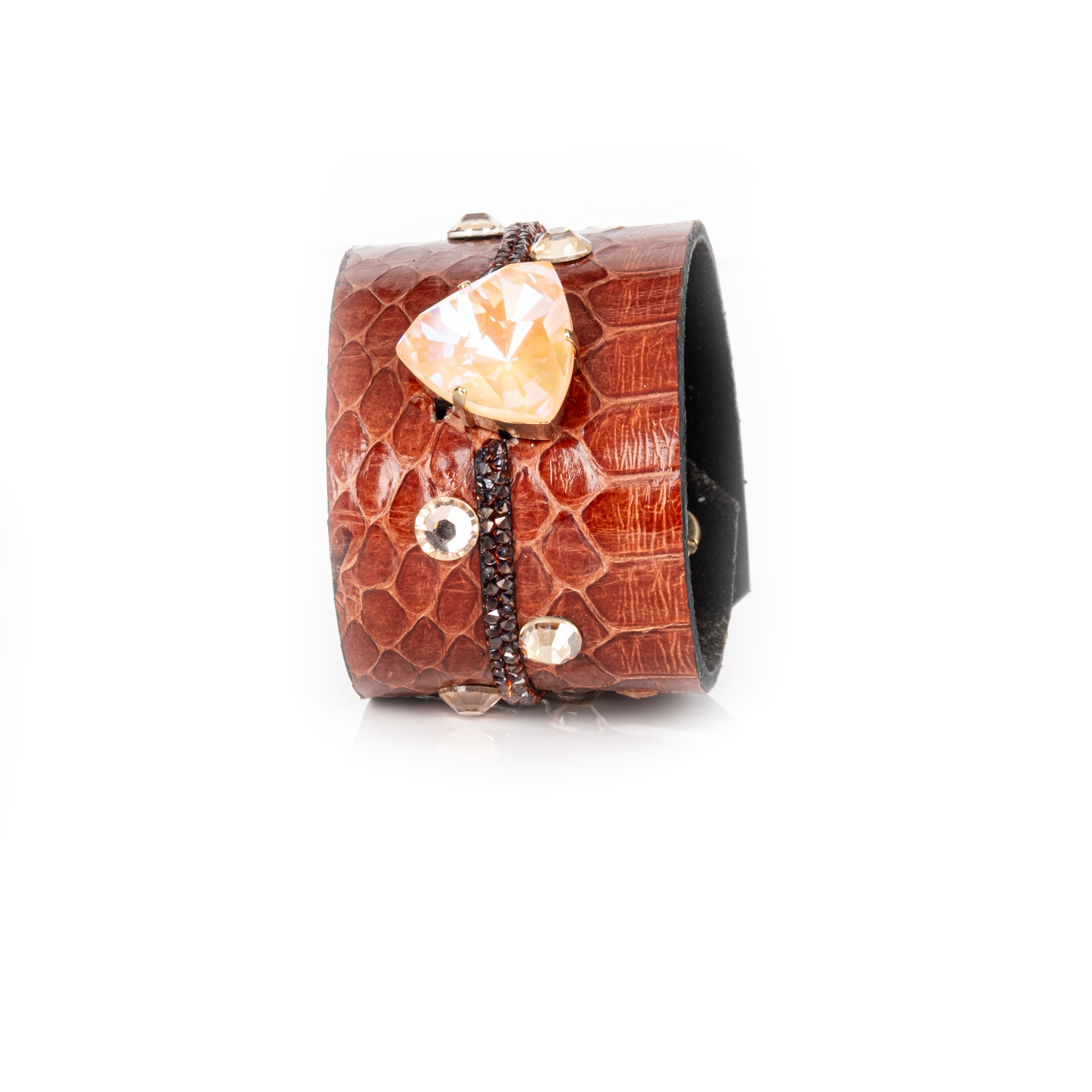 Burnt orange python leather cuff with amber crystal centerpiece and scattered stones