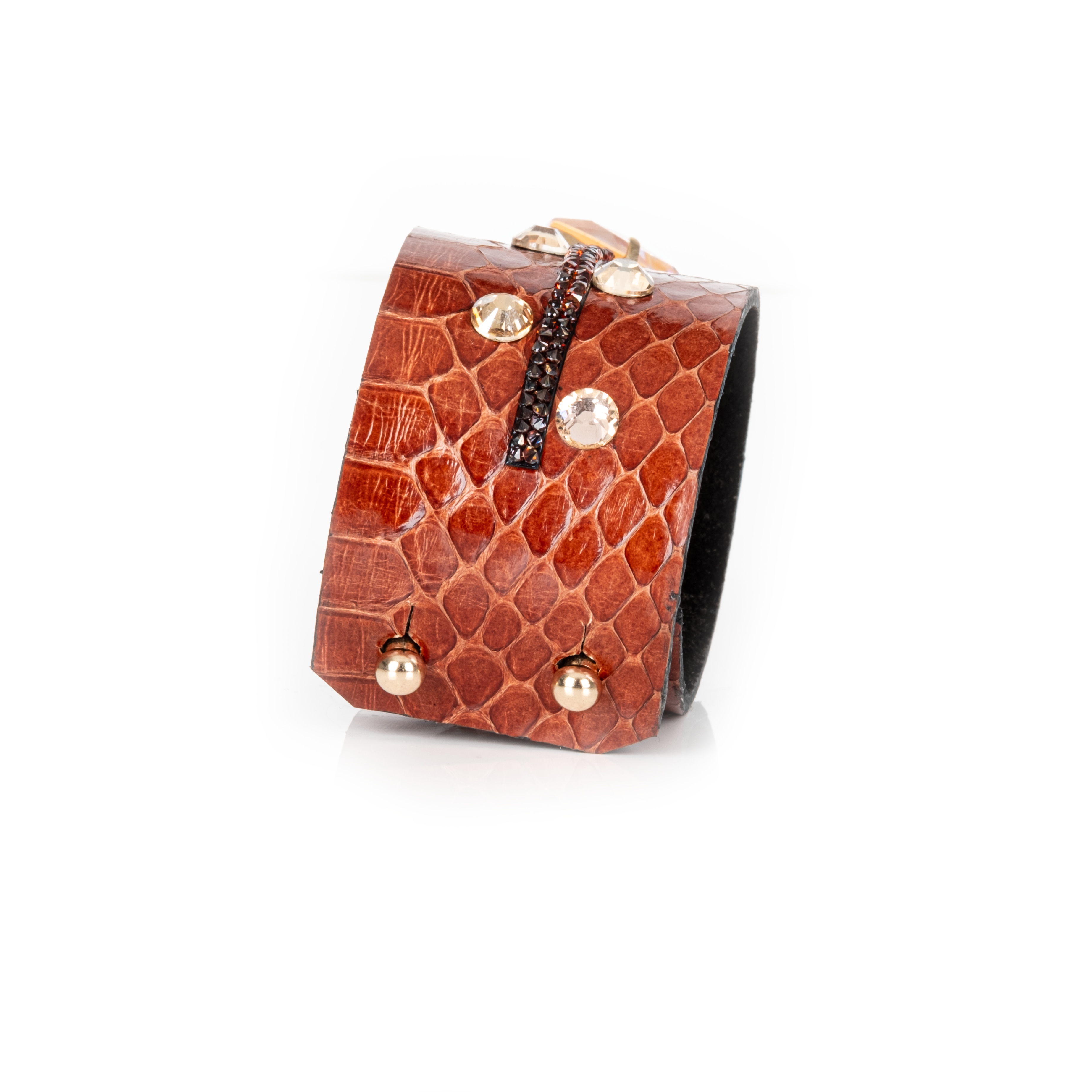 Burnt orange python leather cuff with amber crystal centerpiece and scattered stones