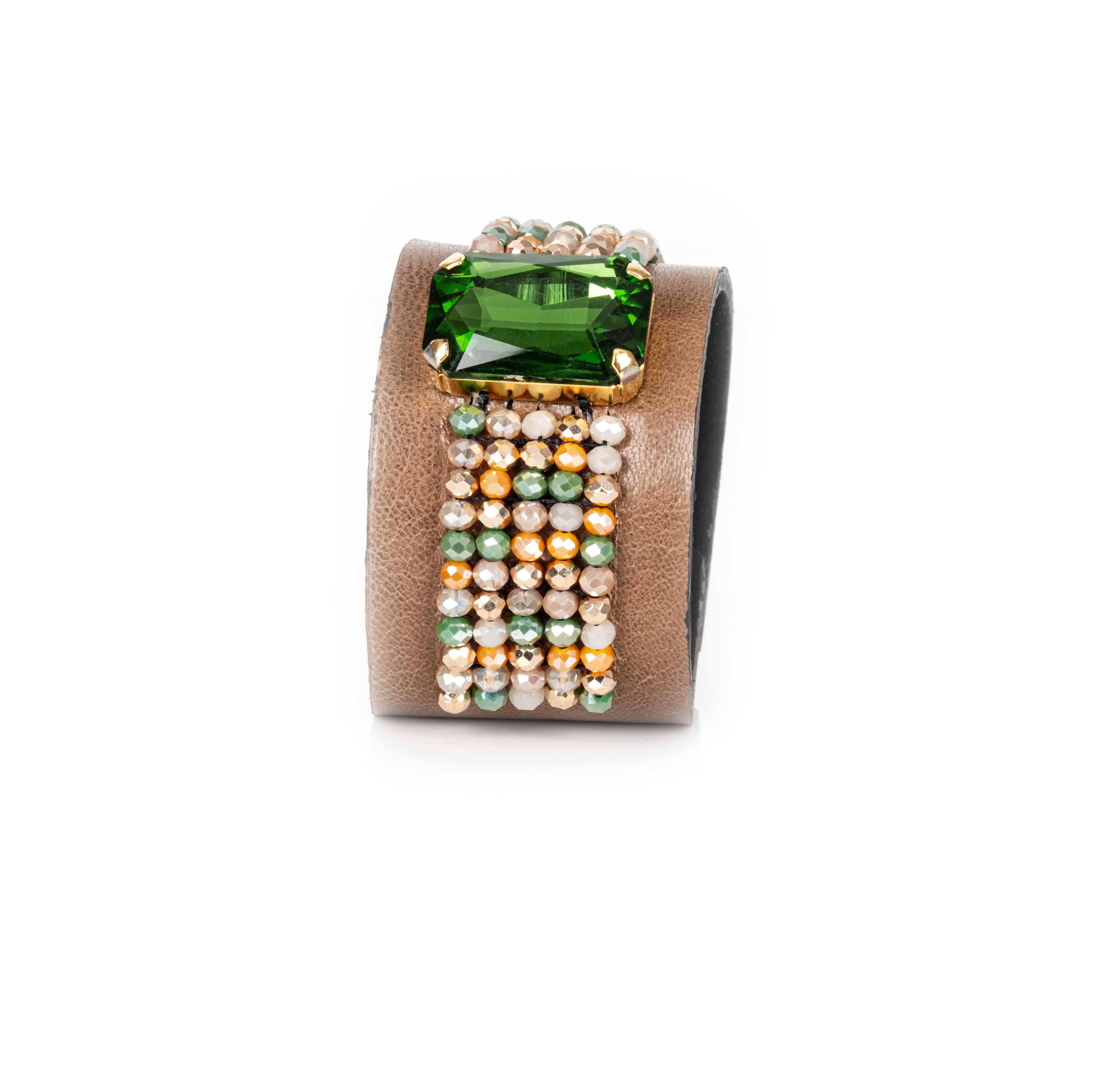 Brown leather cuff bracelet with green crystal centerpiece and multicolor beaded detail