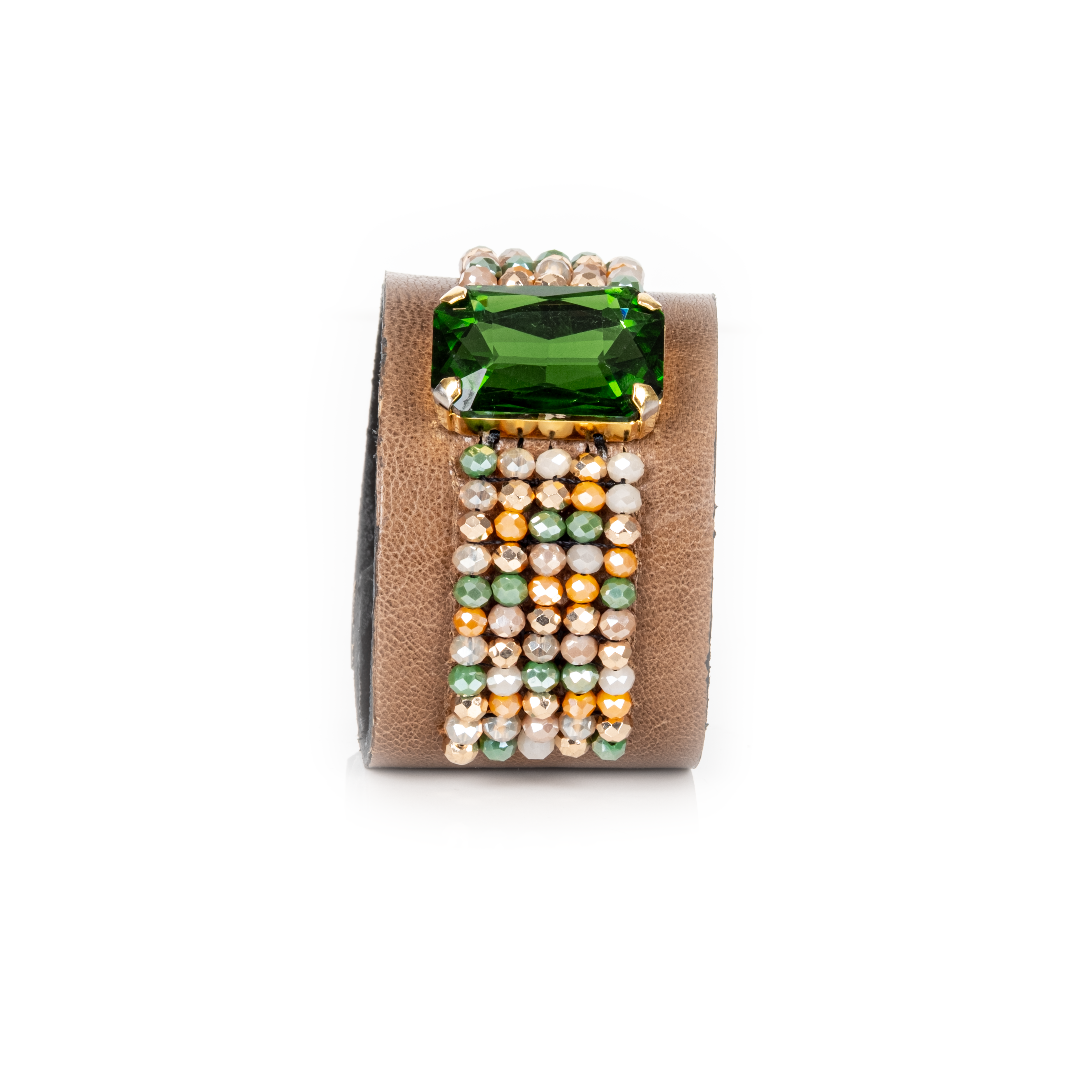 Brown leather cuff bracelet with green crystal centerpiece and multicolor beaded detail