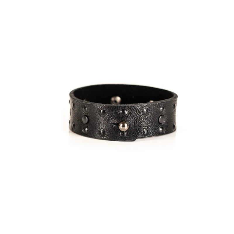 Men's Black Leather Studded Cuff Bracelet Handmade Minimalist Wide Wristband