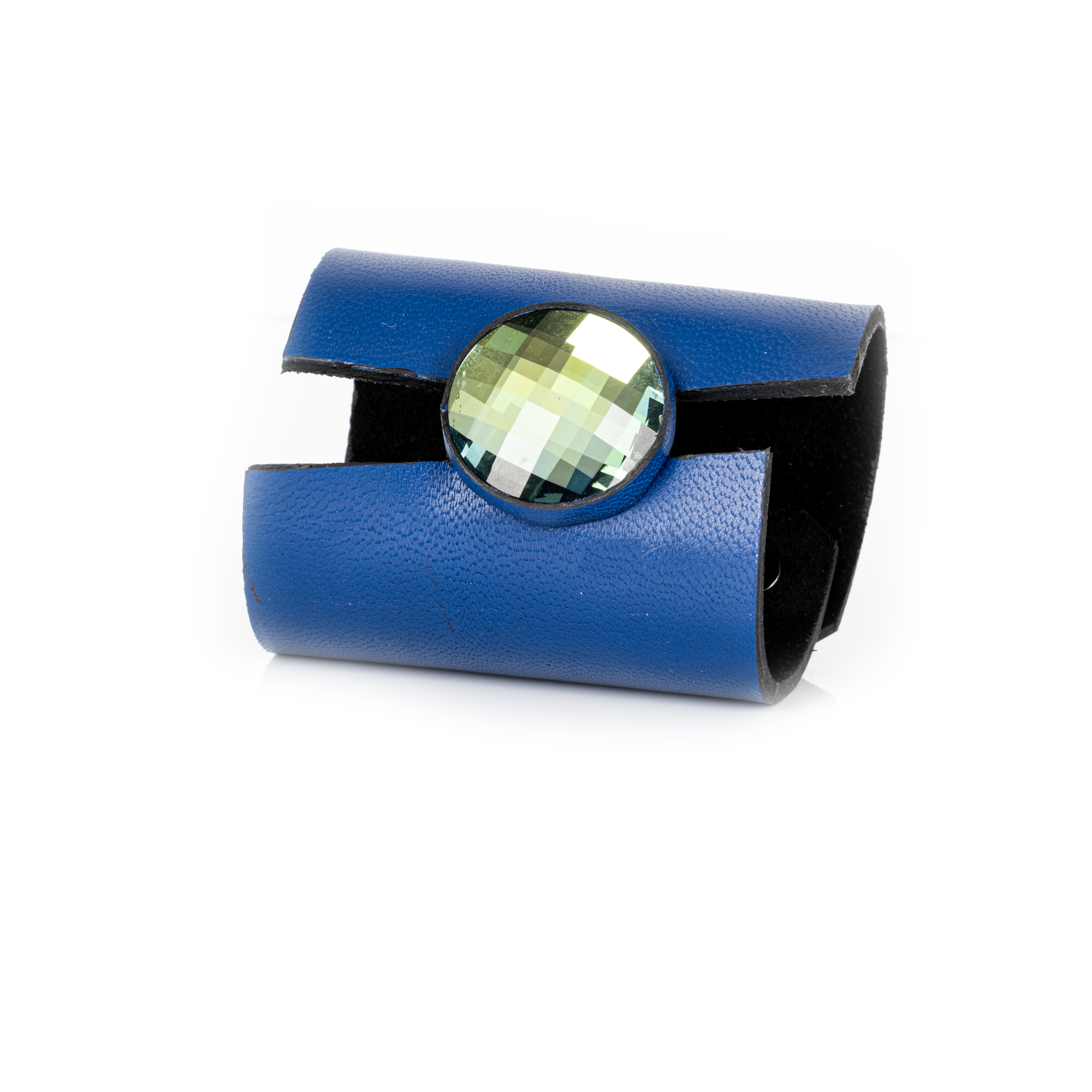 Blue leather cuff bracelet with large faceted crystal centerpiece