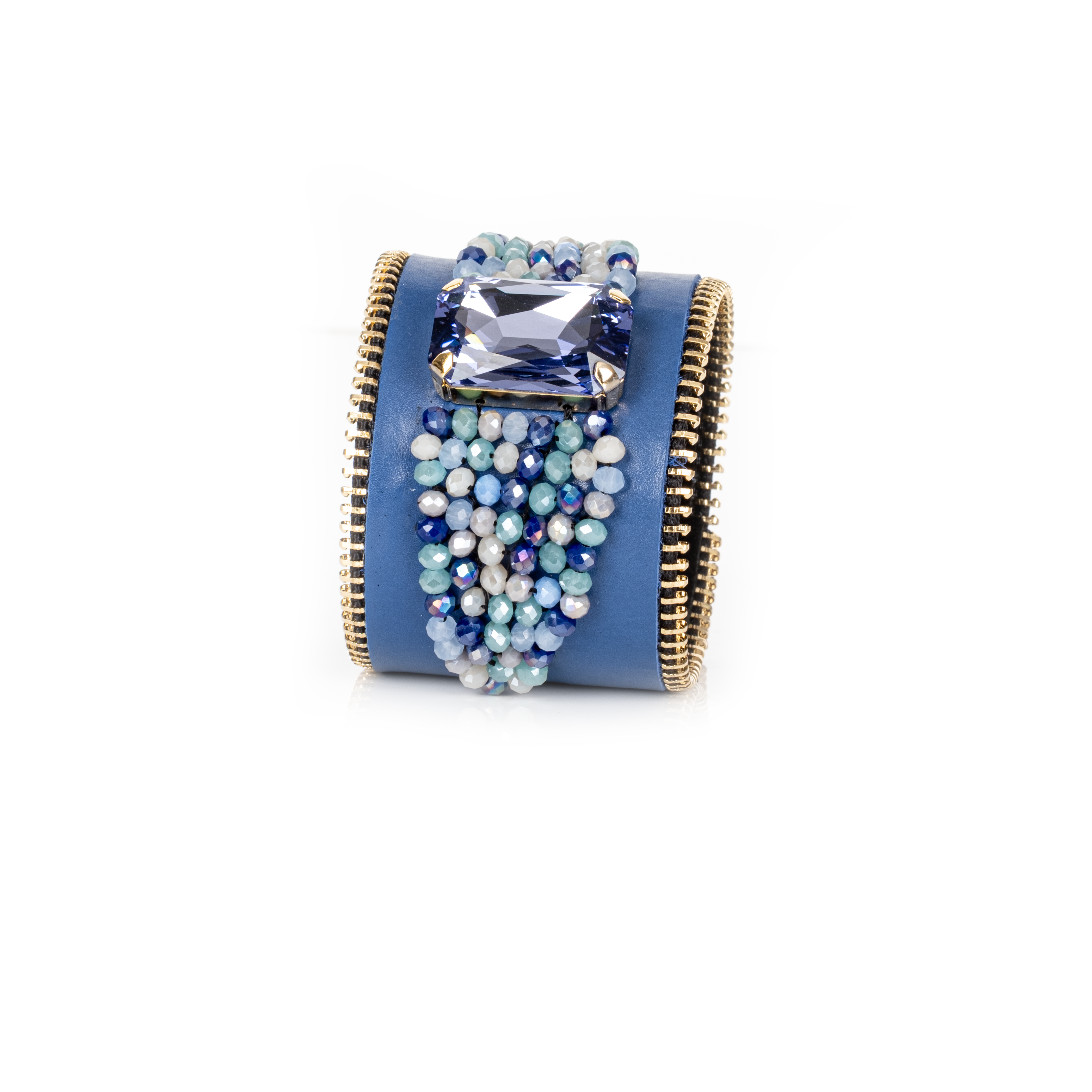 Blue leather cuff bracelet with rectangular crystal and cascading blue bead detail