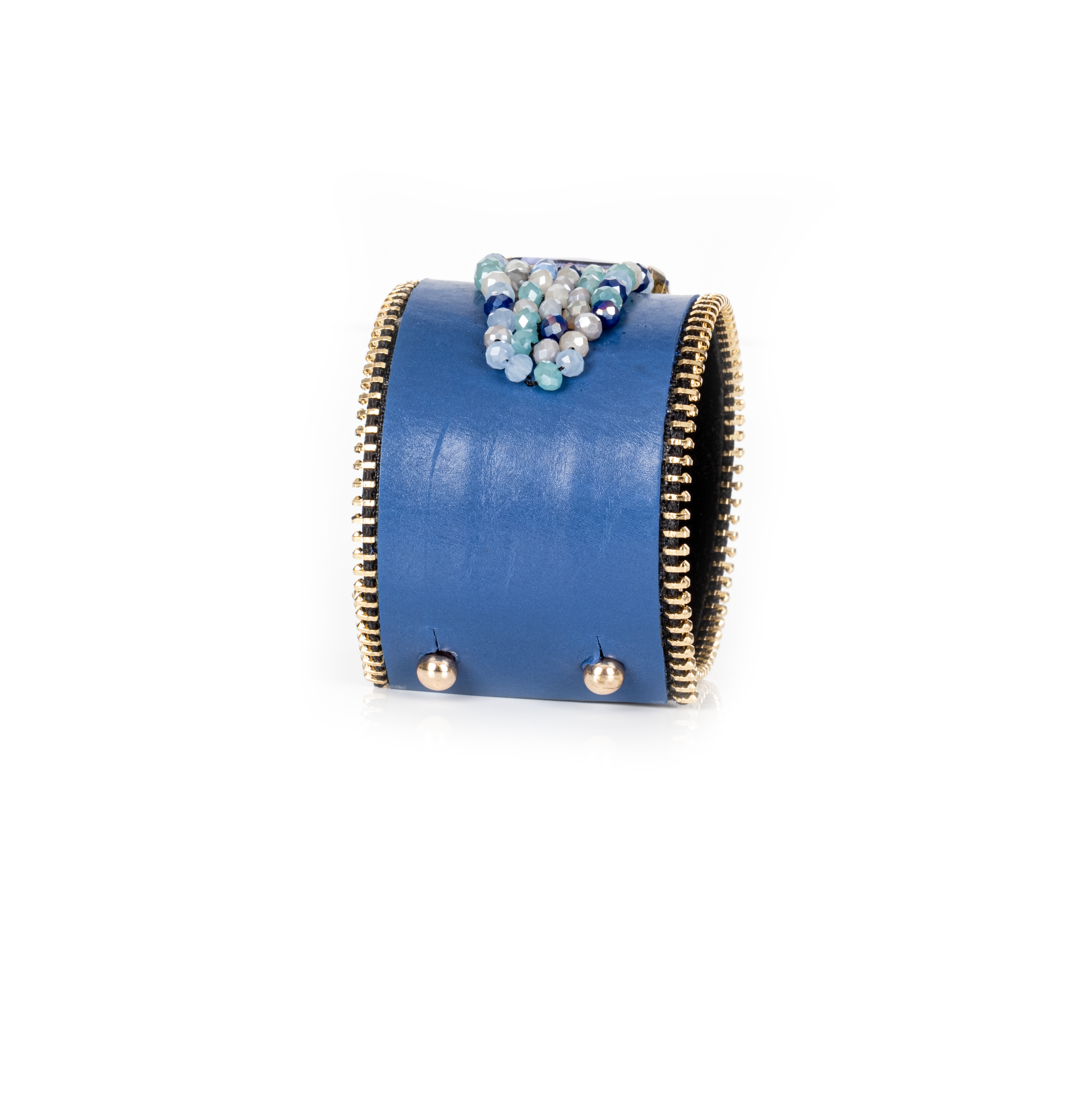 Blue leather cuff bracelet with rectangular crystal and cascading blue bead detail