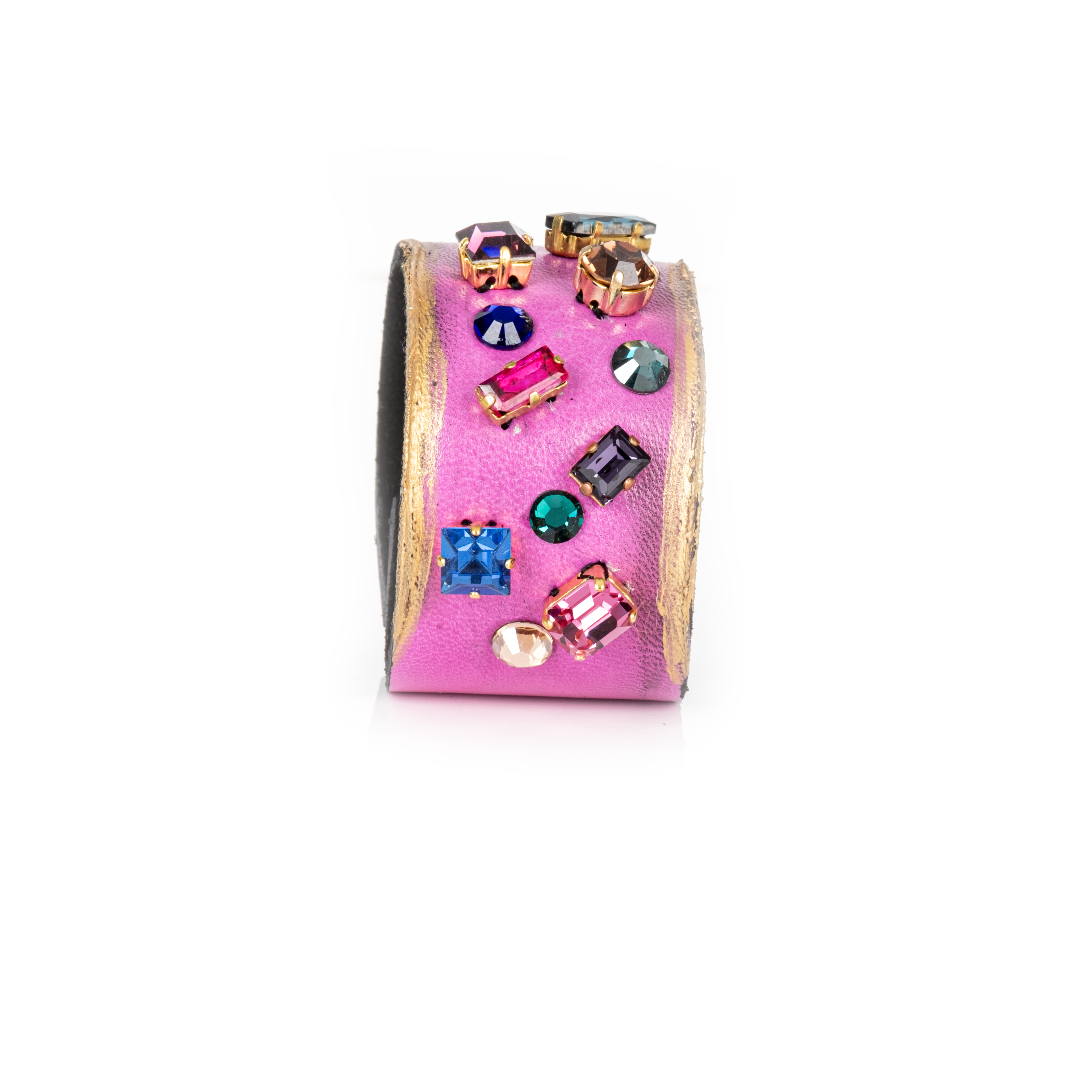 Pink leather cuff bracelet with multicolor crystals and gold edges, wide statement bracelet with colorful gemstone accents for women