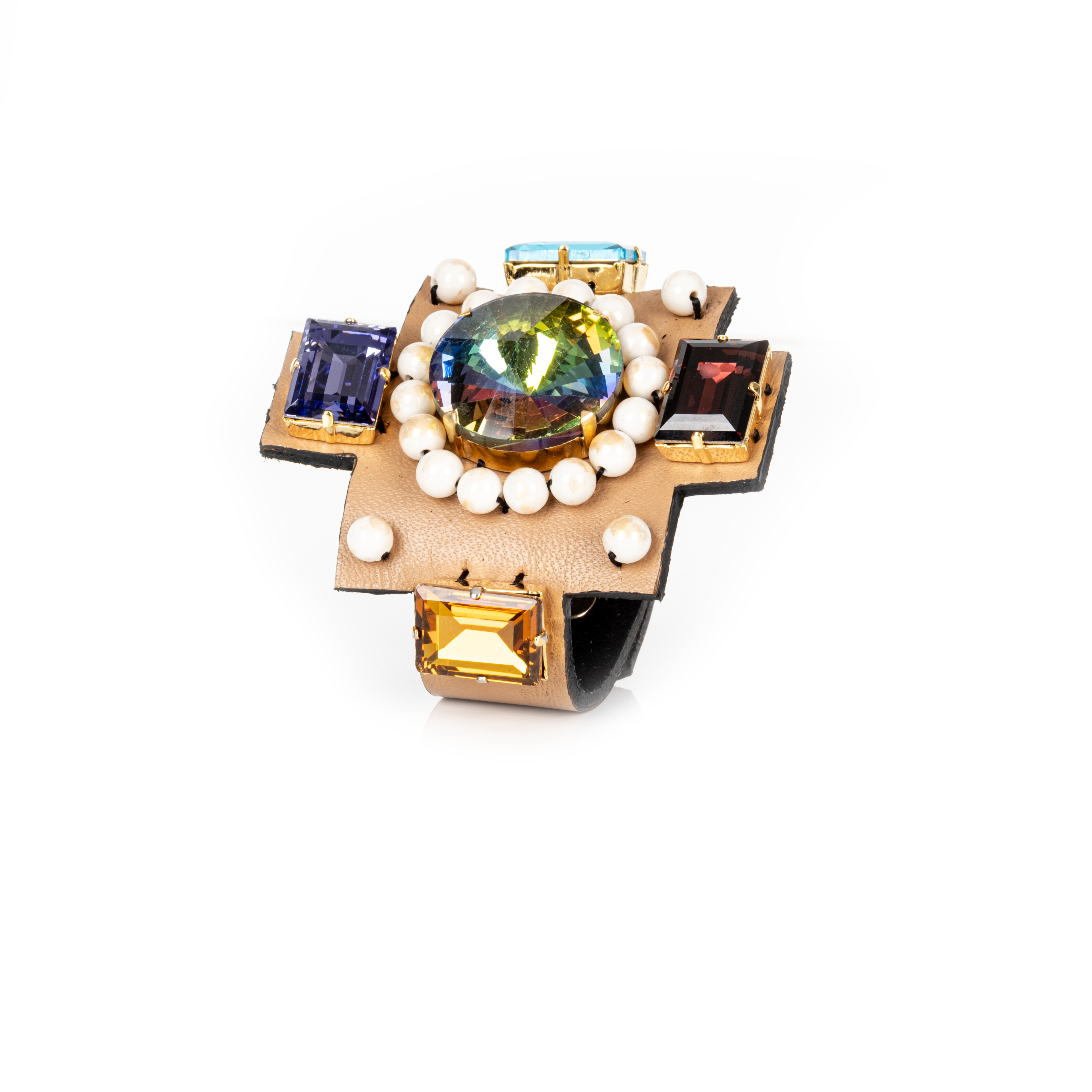 Beige leather cuff bracelet with multicolor crystals and pearl accents in cross design