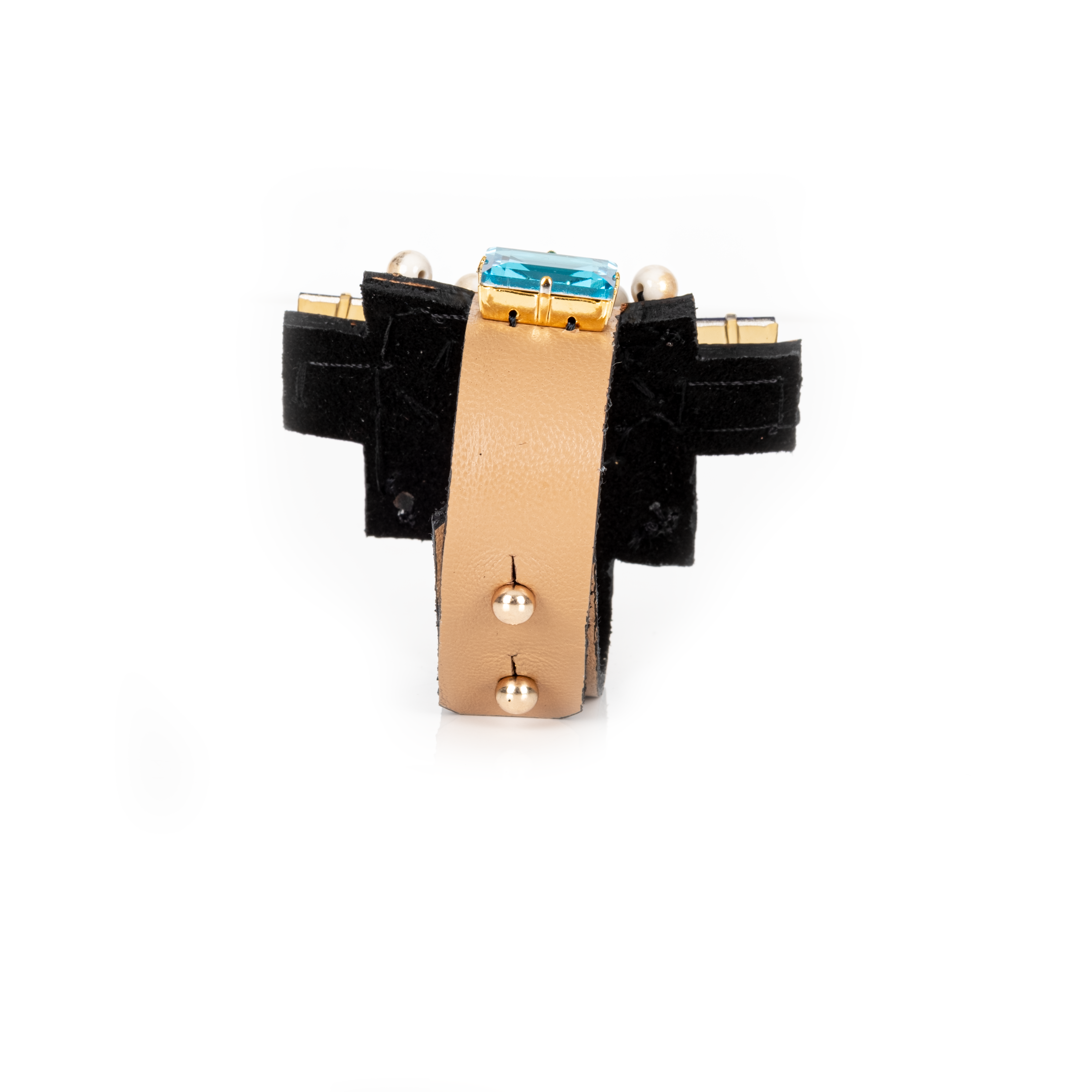 Beige leather cuff bracelet with multicolor crystals and pearl accents in cross design