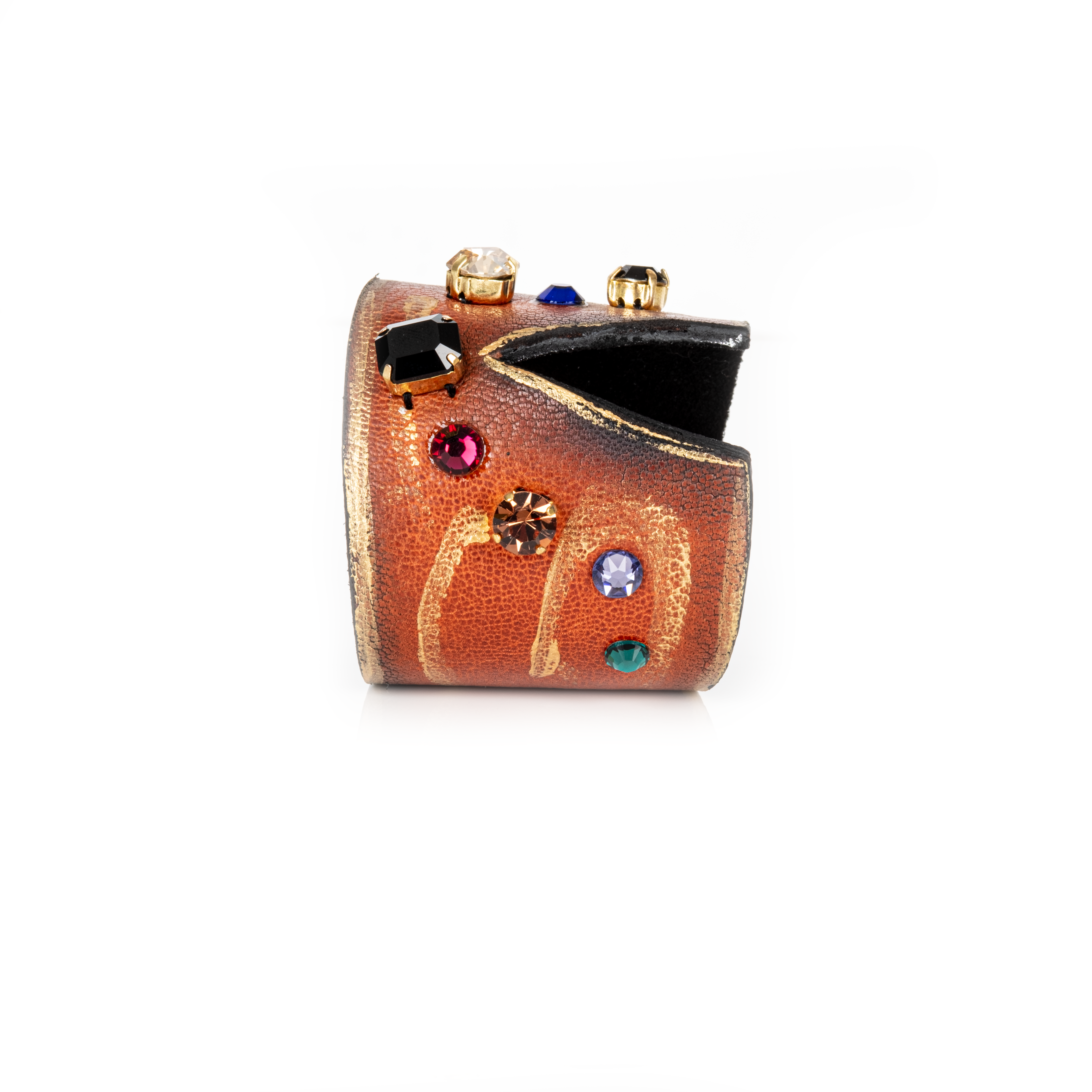 Copper-toned leather cuff bracelet with multicolor crystals and gold detailing