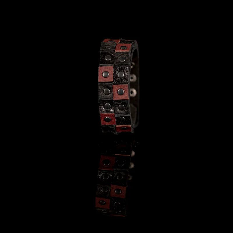 Men's Black & Brown Leather Studded Cuff Bracelet Handmade Double Row Rivet Wristband